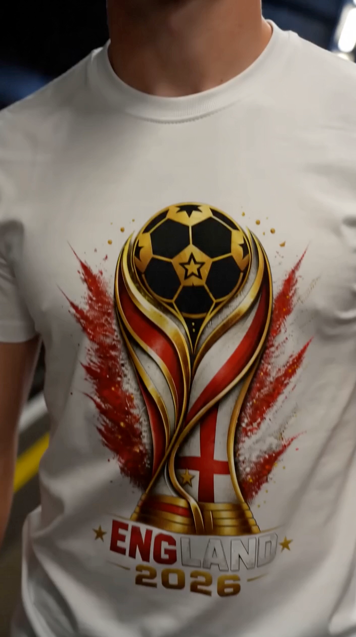 Man wearing white England 2026 football fan shirt with red and white supporter artwork