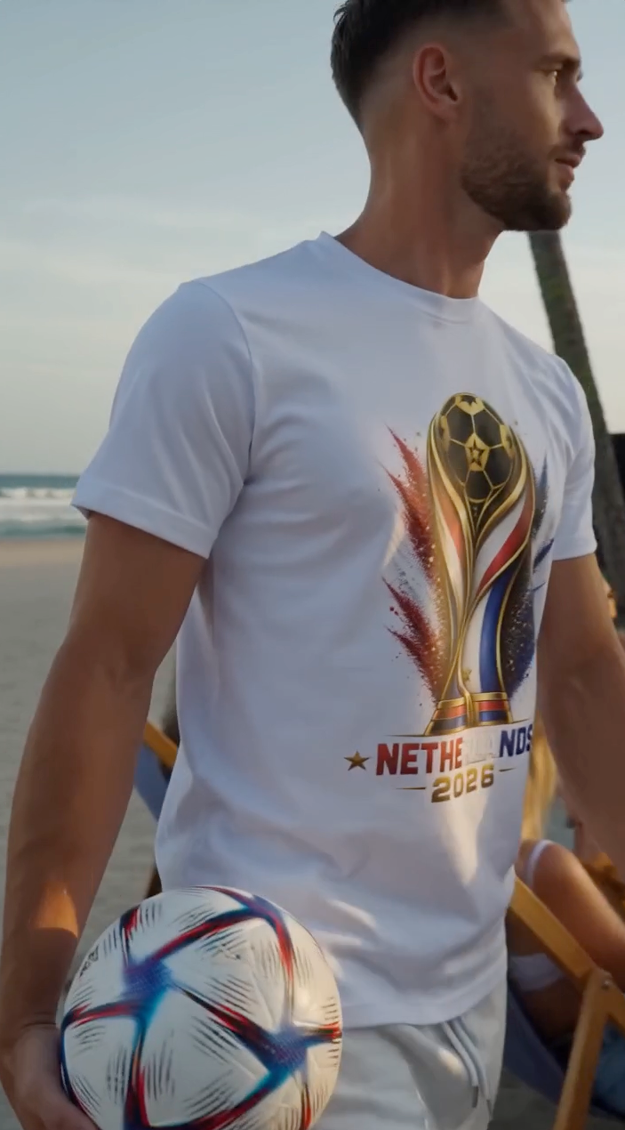 Man wearing white Netherlands 2026 football fan shirt while holding soccer ball on the beach