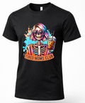 A black short-sleeve crewneck t-shirt featuring a colorful graphic of a skeleton with pink and blue hair, heart-shaped sunglasses, and a drink, with an orange banner reading 'TIRED MOMS CLUB'.