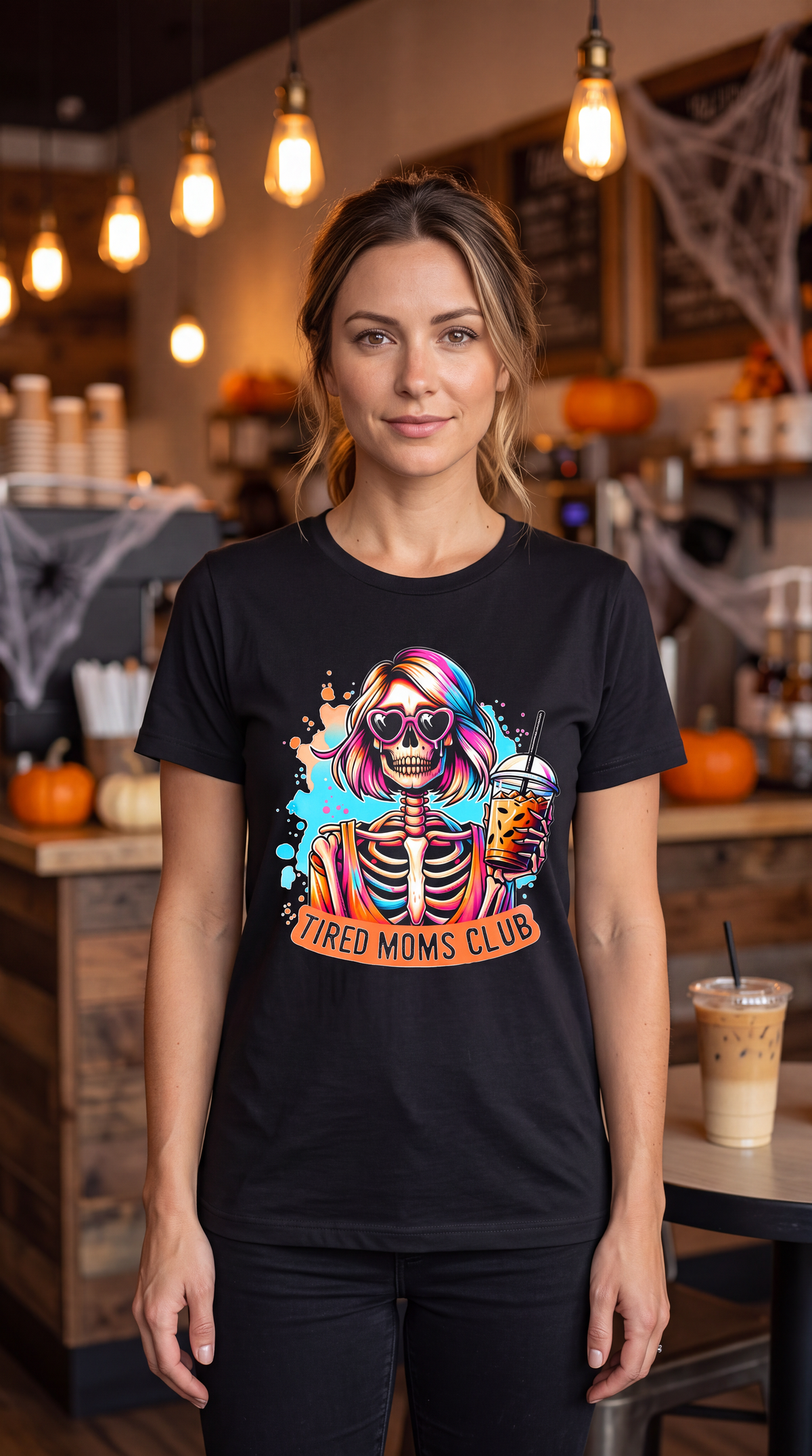 A woman stands in a cozy, warmly lit Halloween-themed coffee shop wearing a black graphic t-shirt. The shirt features a colorful illustration of a skeleton with pink hair and a beer glass, with the text 'TIRED MOMS CLUB' printed below.