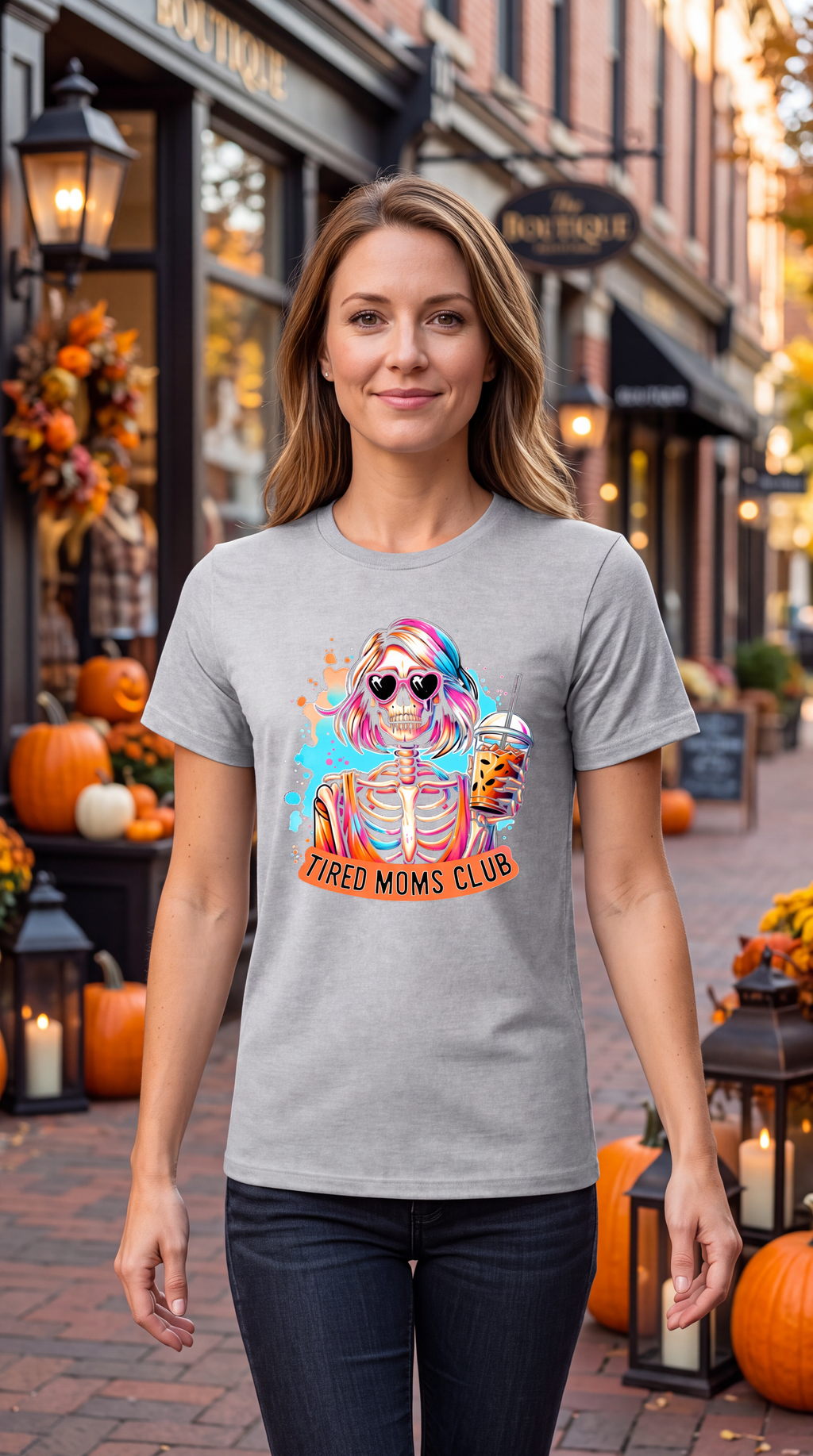 A woman stands on a brick street wearing a light gray graphic T-shirt with a colorful cartoon skeleton holding a drink and the text 'TIRED MOMS CLUB'. The background shows a blurred autumn street scene with pumpkins and storefronts.