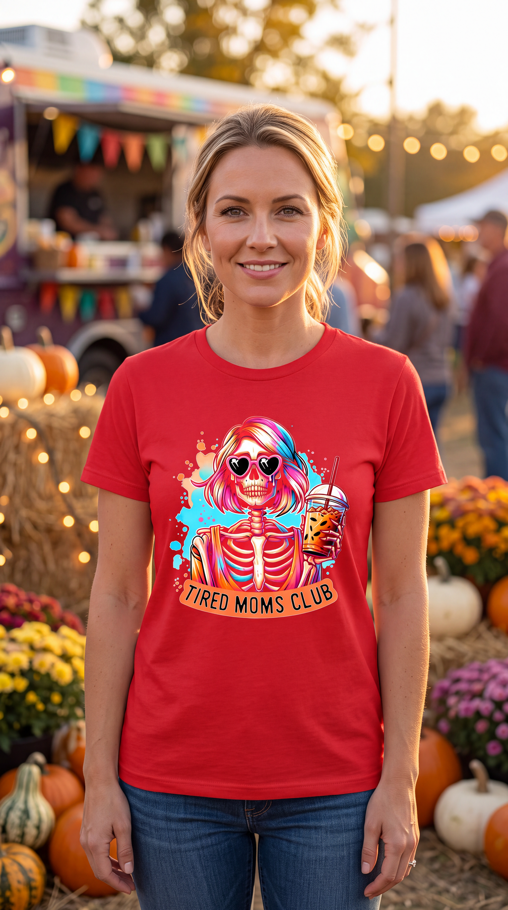A smiling blonde woman stands outdoors at a fall market wearing a bright red graphic T-shirt with a colorful skeleton illustration and the text 'TIRED MOMS CLUB'. Pumpkins, flowers, and market stalls are blurred in the background.