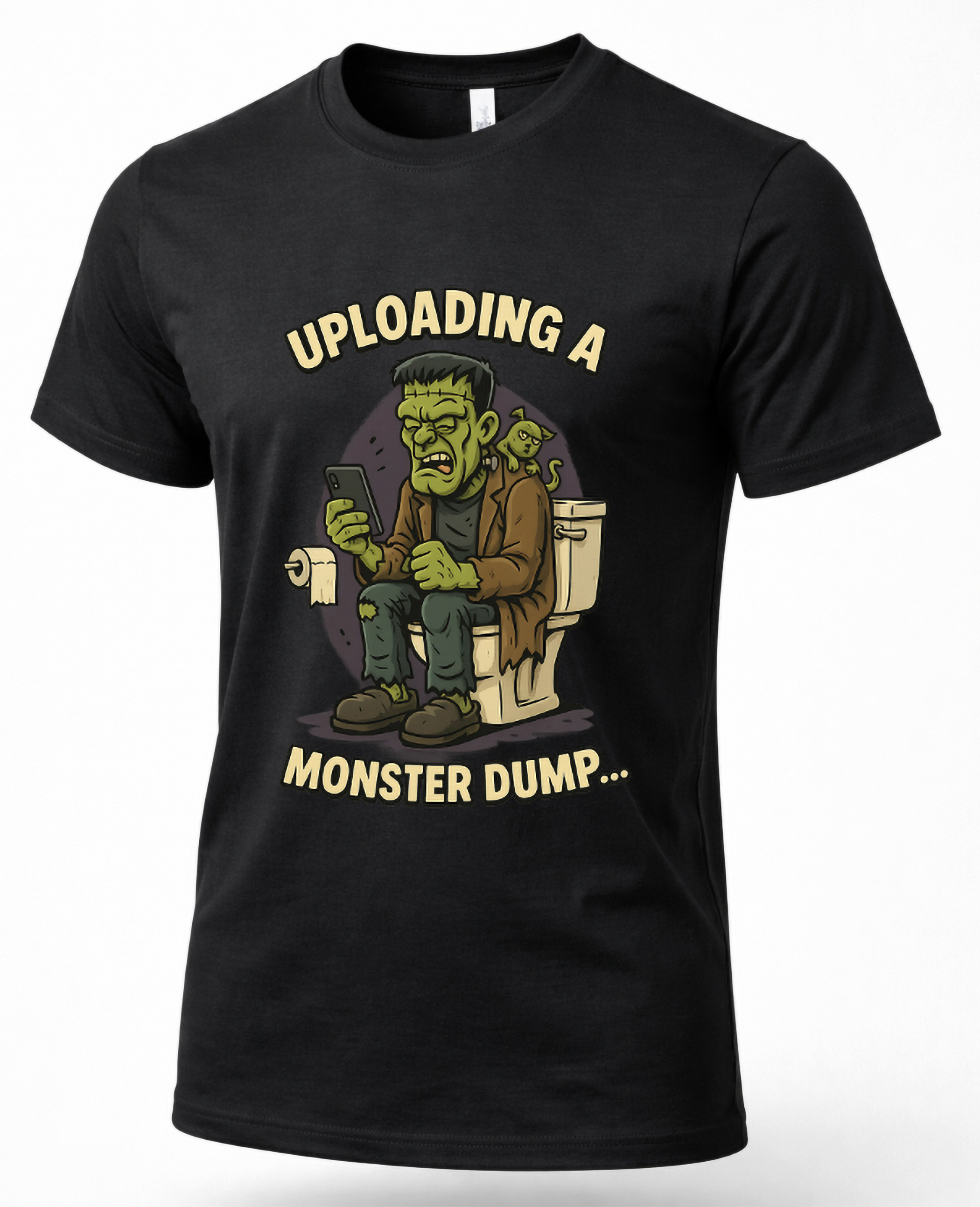 Black funny monster Halloween graphic T-shirt featuring green monster sitting on a toilet with phone