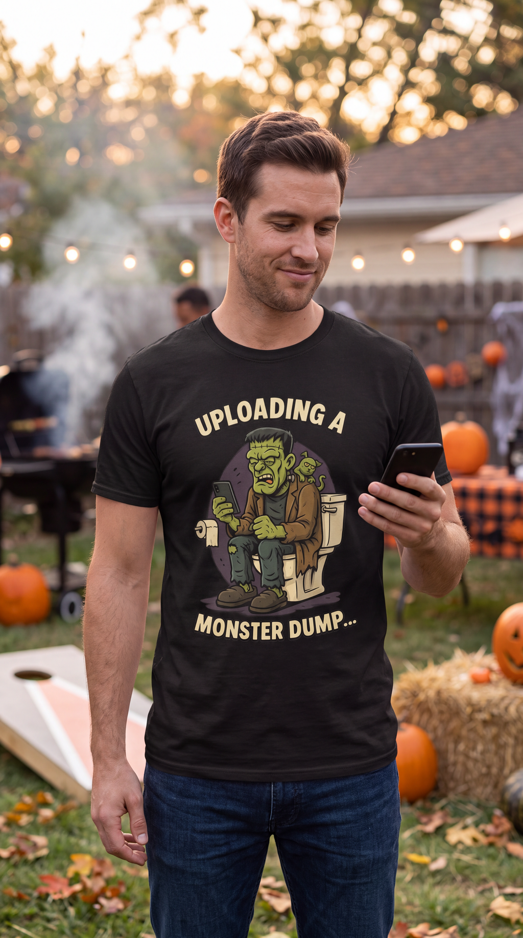 Male model wearing black funny monster Halloween shirt with Monster Dump toilet humor graphic