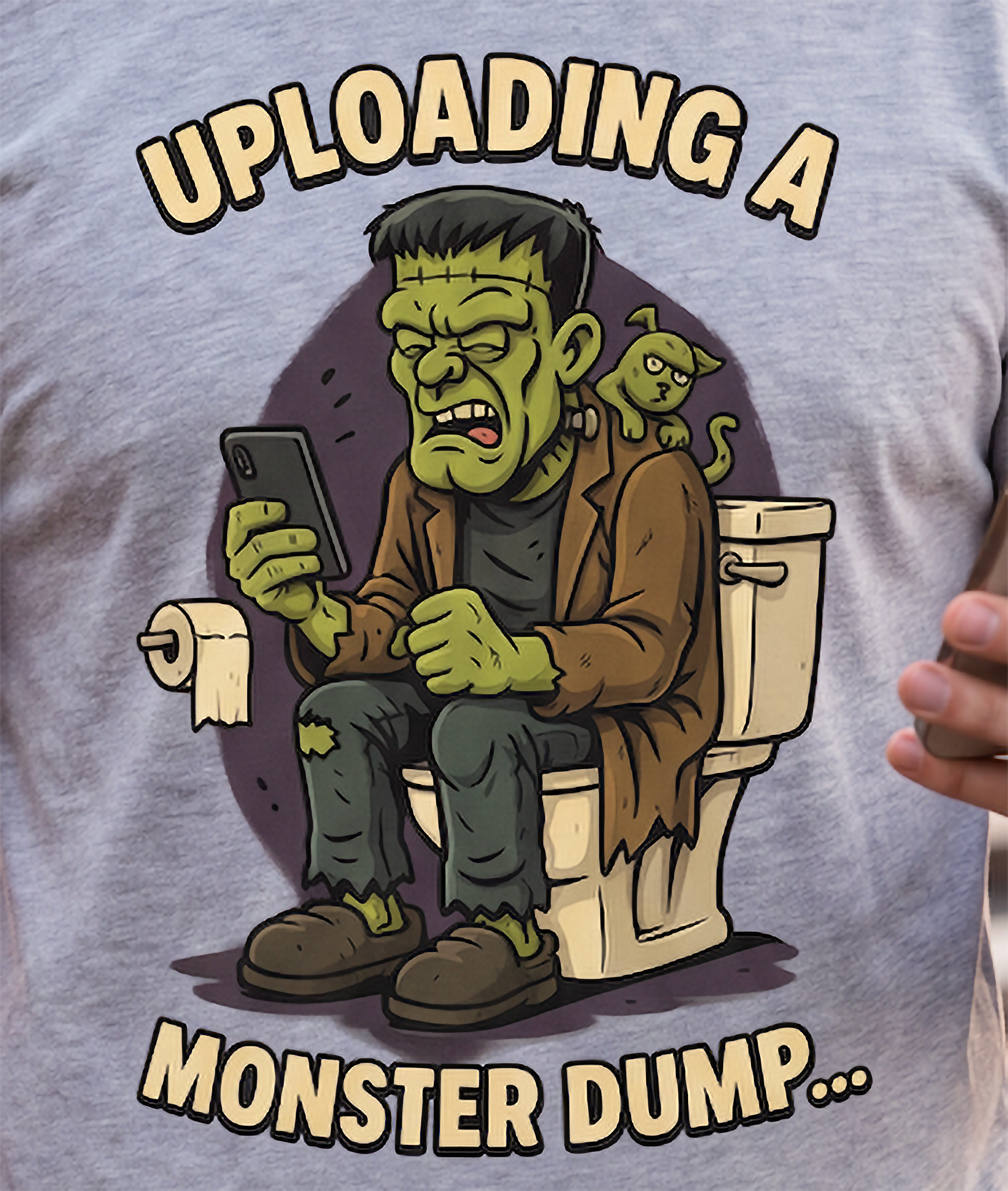 Heather gray monster Halloween shirt featuring funny toilet humor Monster Dump design