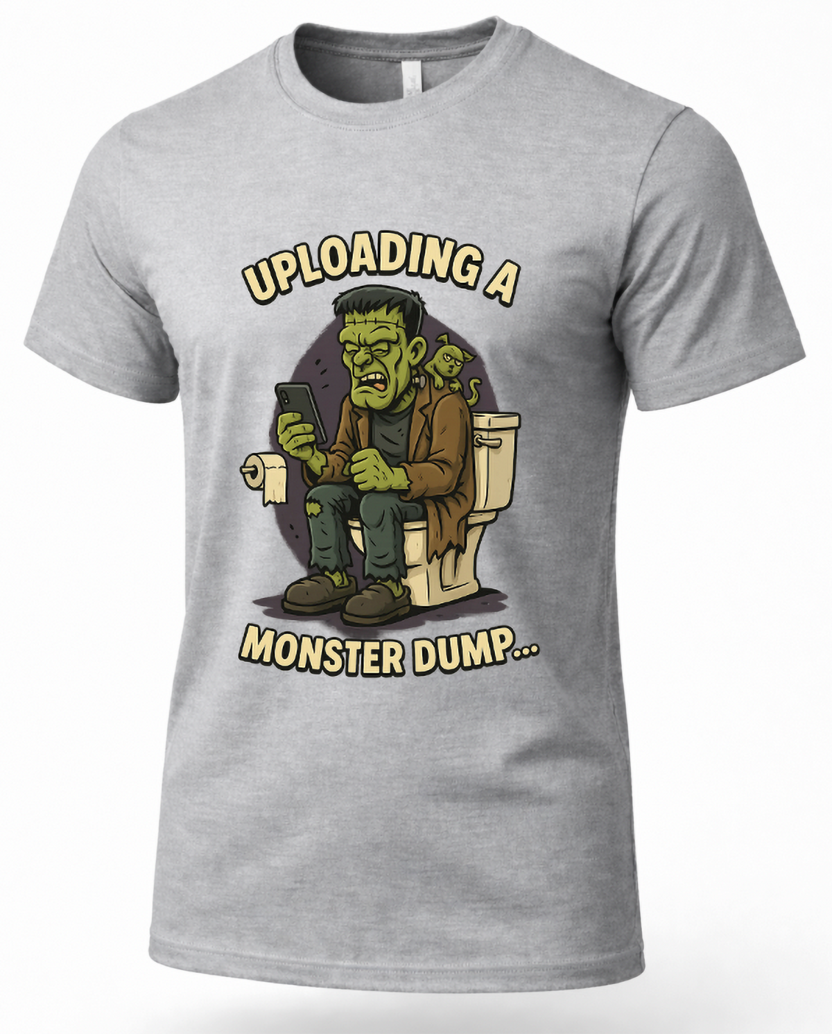 Close-up of funny Monster Dump graphic on heather gray Halloween shirt with green monster and cat