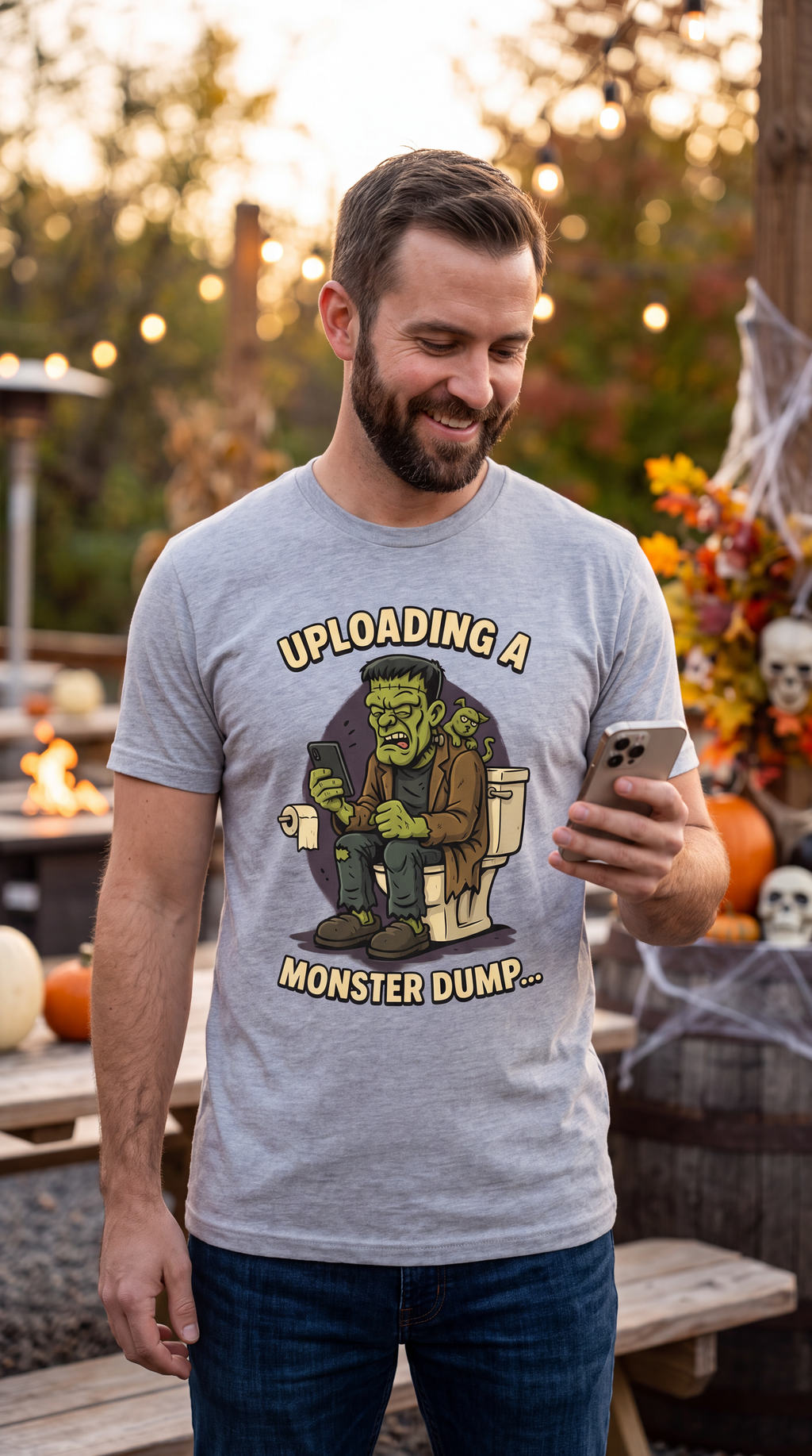 Male model wearing heather gray funny monster Halloween graphic T-shirt