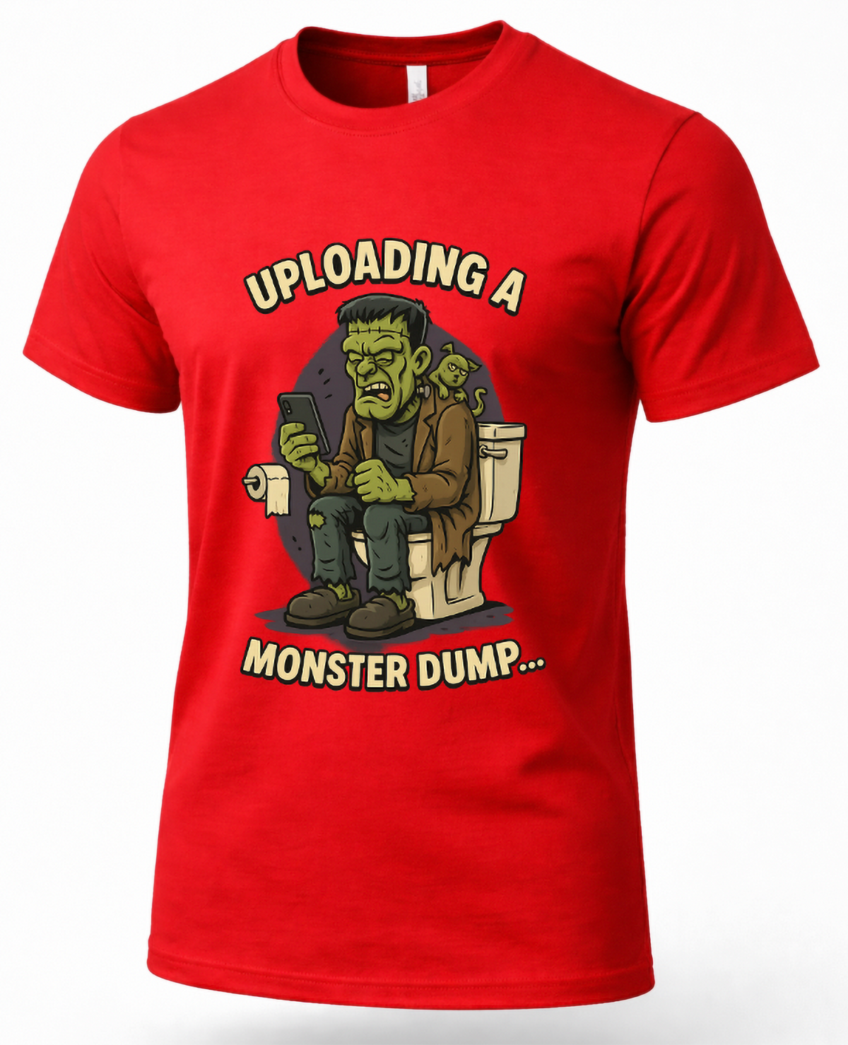 Red funny monster Halloween shirt featuring green monster sitting on toilet with phone