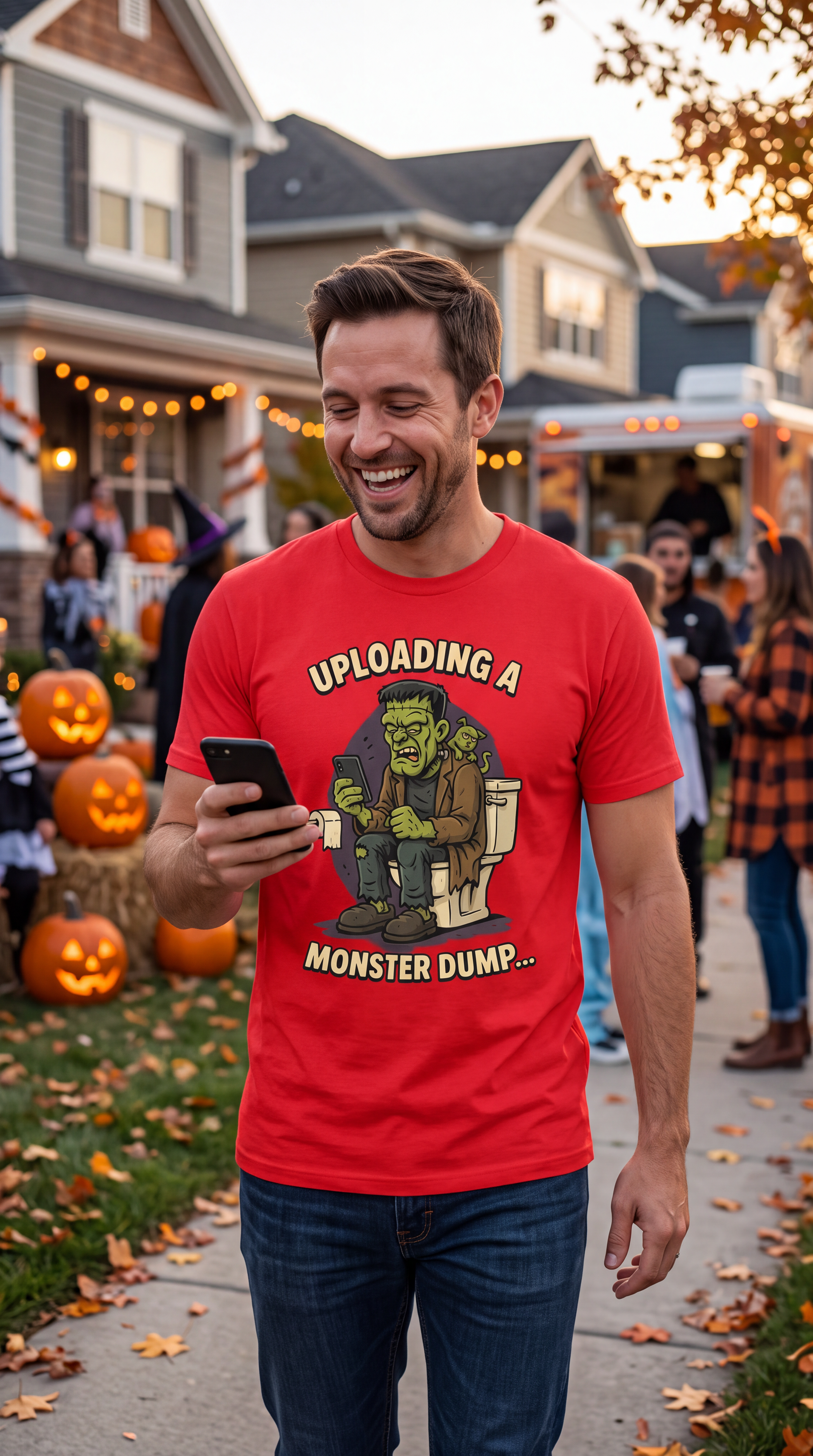 Male model wearing red funny monster Halloween T-shirt with toilet humor graphic