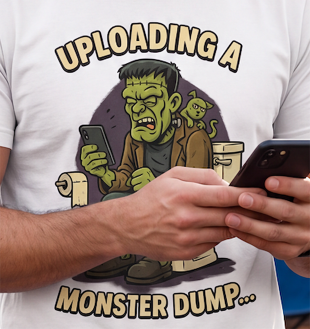 Close-up of funny Monster Dump Halloween graphic on white shirt with green monster, toilet, phone and cat