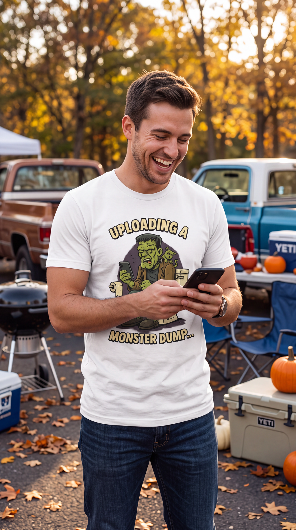 Male model wearing white funny monster Halloween graphic T-shirt outdoors