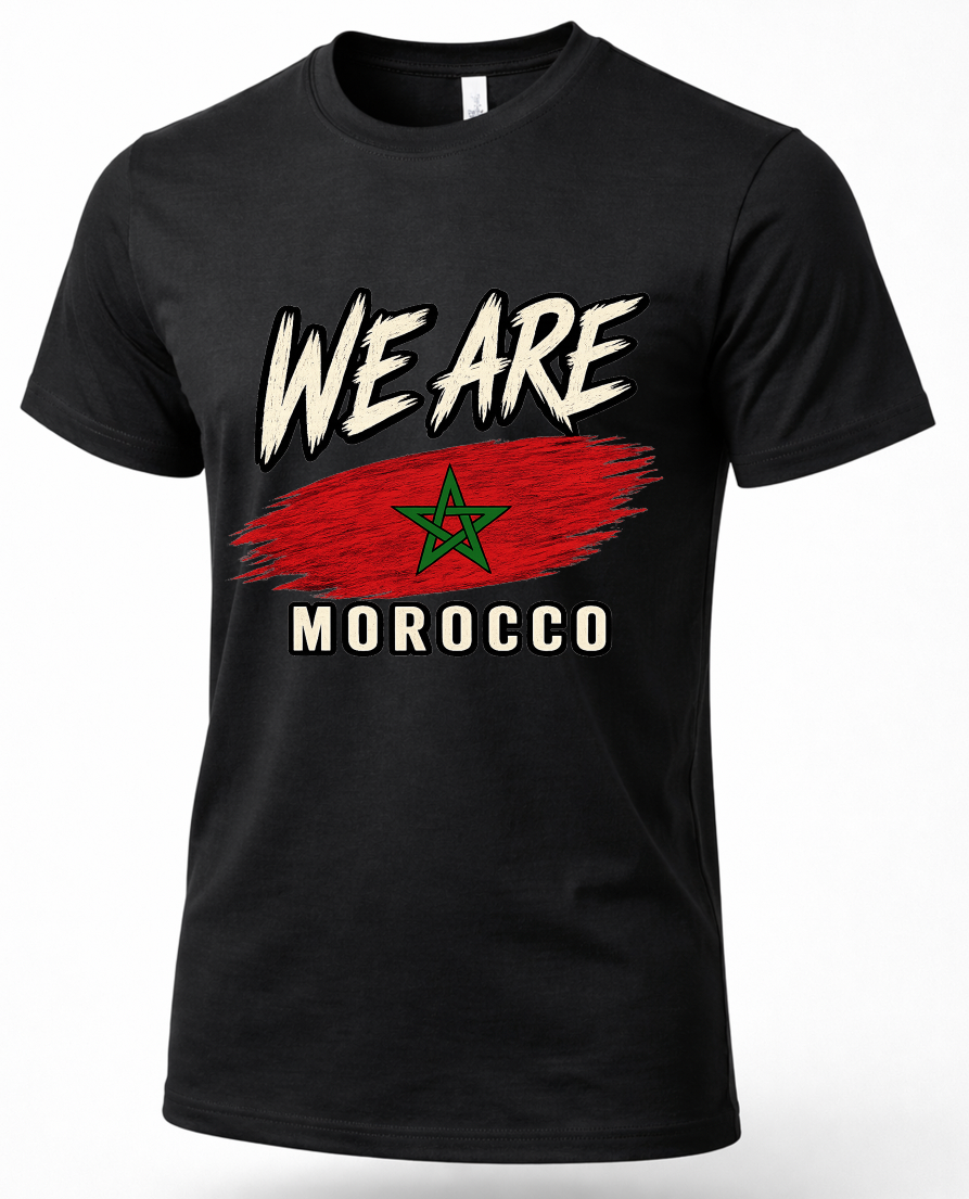 A black short-sleeve crewneck t-shirt featuring a distressed graphic print of the Moroccan flag and the text 'WE ARE MOROCCO' in white, displayed on a clean white background.
