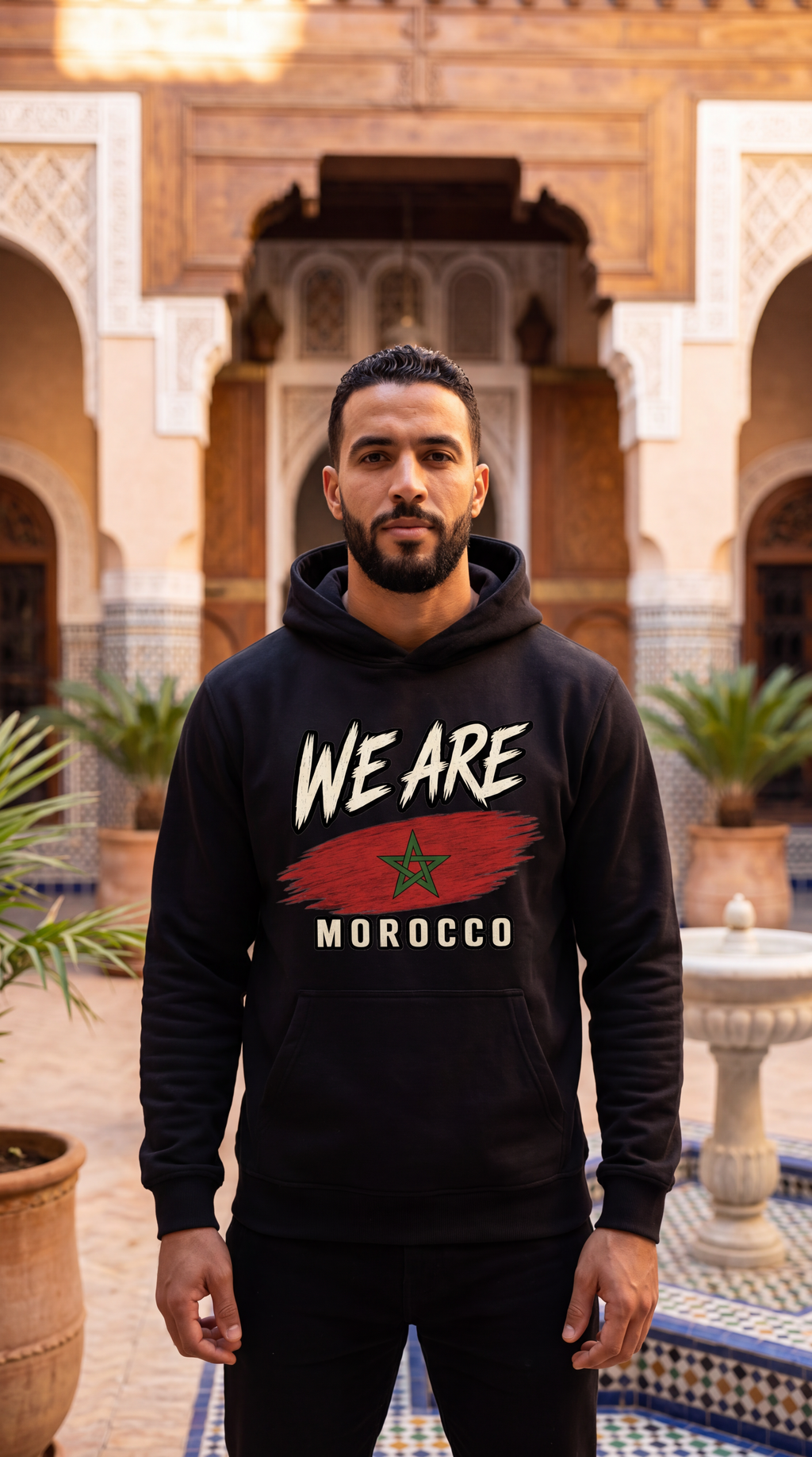 A man wearing a black hoodie with a graphic print that reads 'WE ARE MOROCCO' and features the Moroccan flag design, standing in a courtyard with Moroccan architecture in the background.