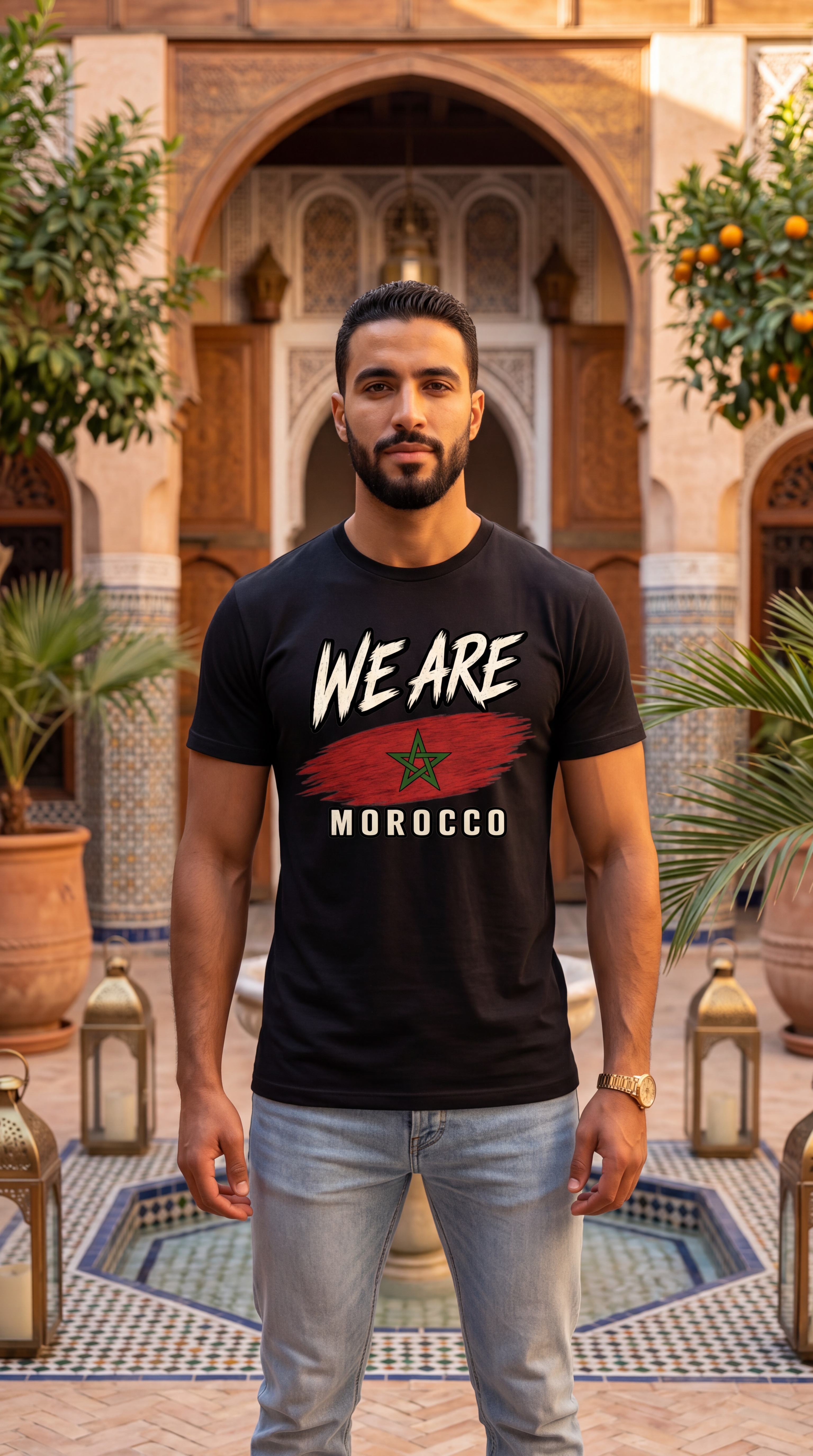 A man wearing a black graphic t-shirt with 'WE ARE MOROCCO' and a Moroccan flag design, standing in a Moroccan courtyard with arches and potted plants.