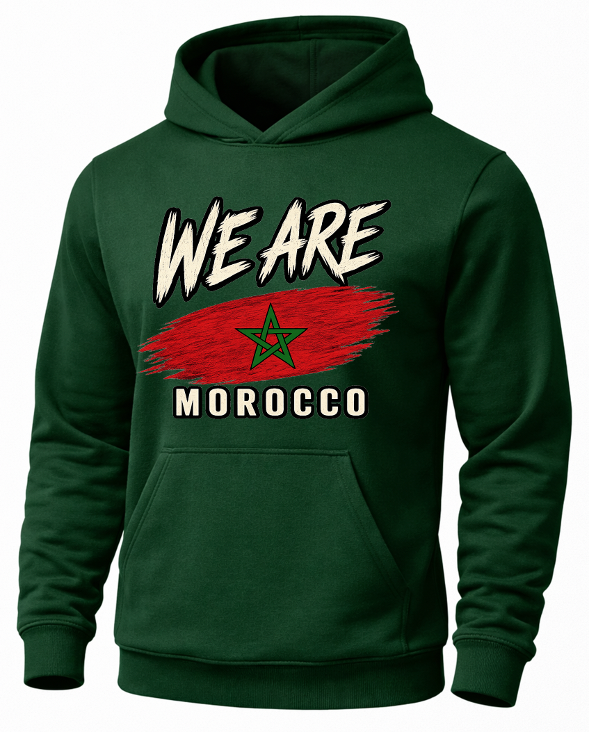 A dark green pullover hoodie featuring a graphic print on the front with the text 'WE ARE MOROCCO' and a stylized Moroccan flag design.