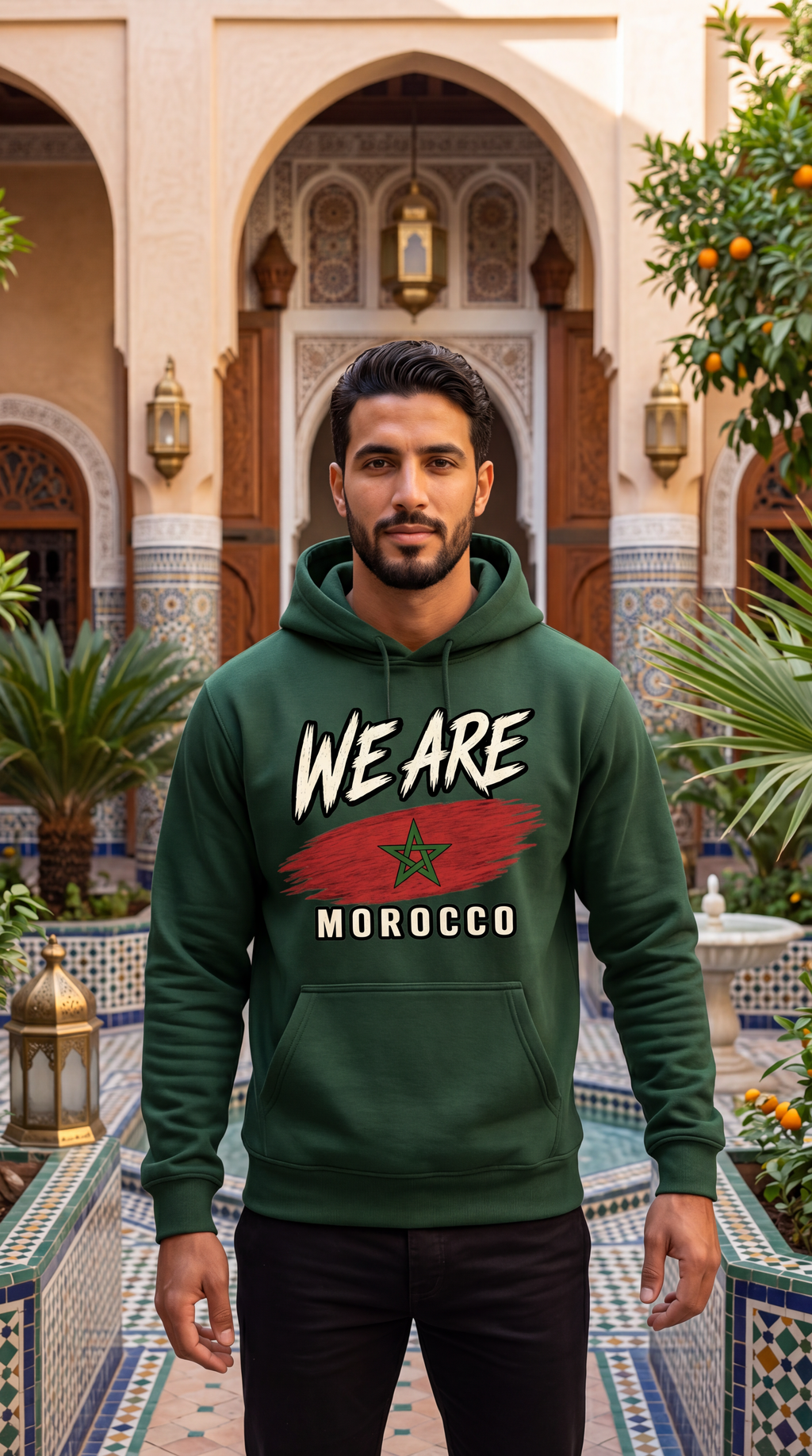 A man wearing a dark green hoodie with a 'WE ARE MOROCCO' graphic featuring the Moroccan flag design, standing in a tiled courtyard with Moroccan architecture in the background.