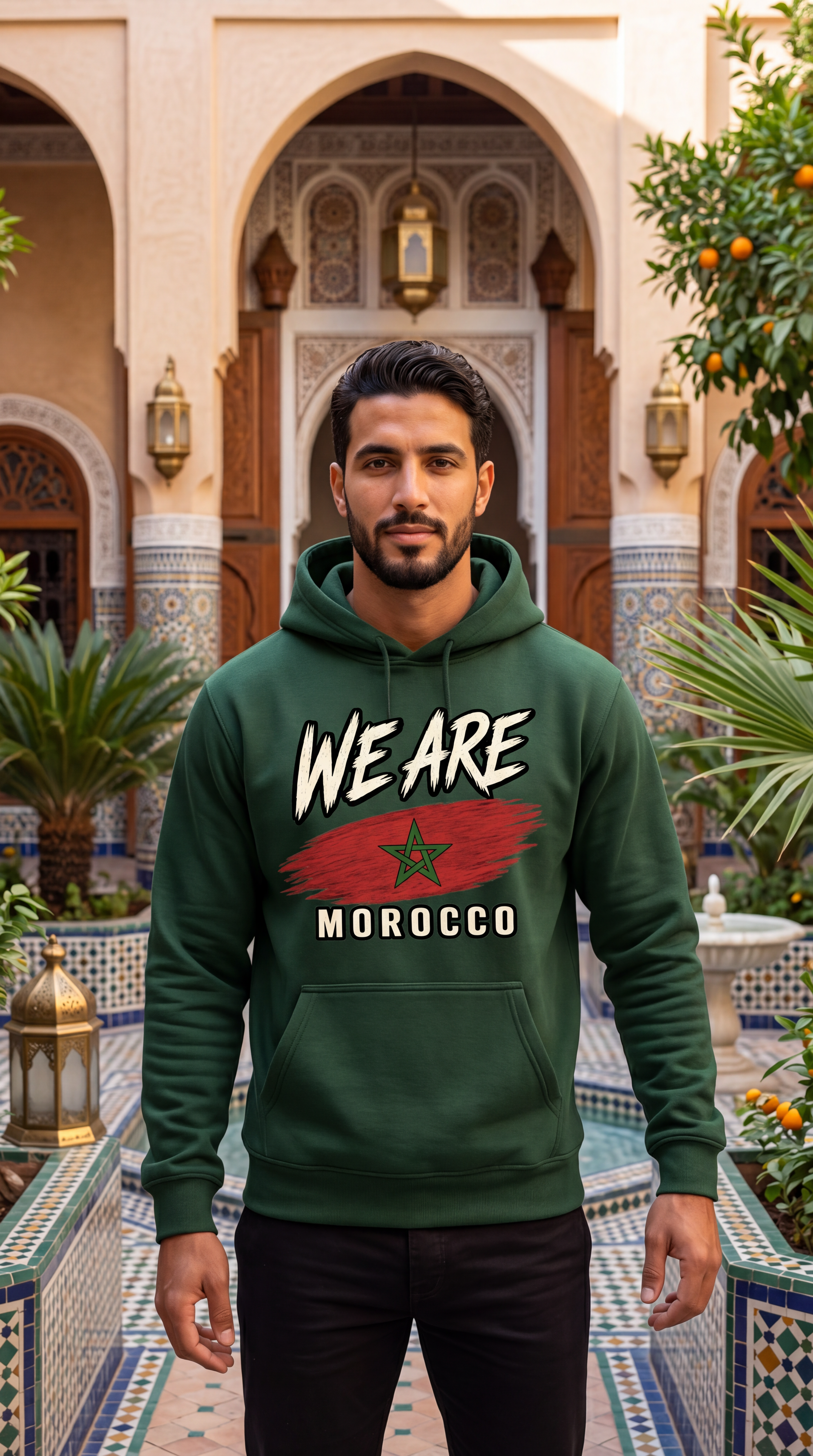 A man wearing a dark green hoodie with a 'WE ARE MOROCCO' graphic featuring the Moroccan flag design, standing in a tiled courtyard with Moroccan architecture in the background.