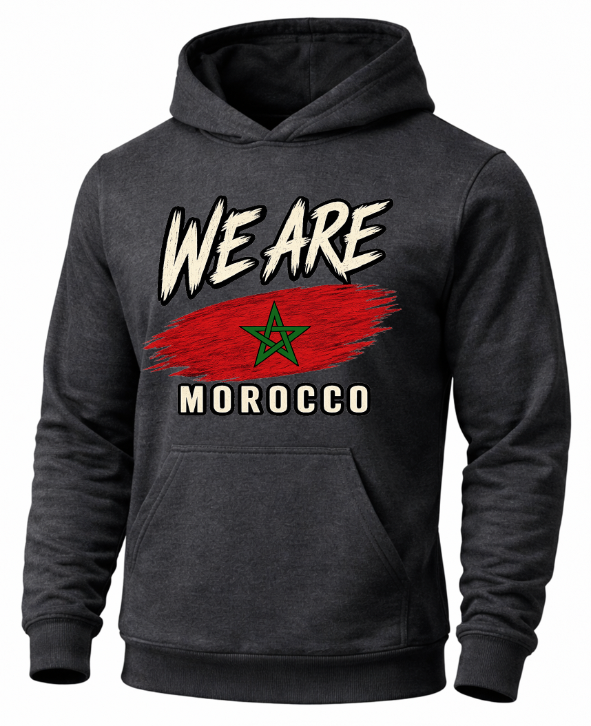 A dark charcoal gray hoodie featuring a graphic print on the front with the text 'WE ARE MOROCCO' and a red brushstroke design containing the green Moroccan star.