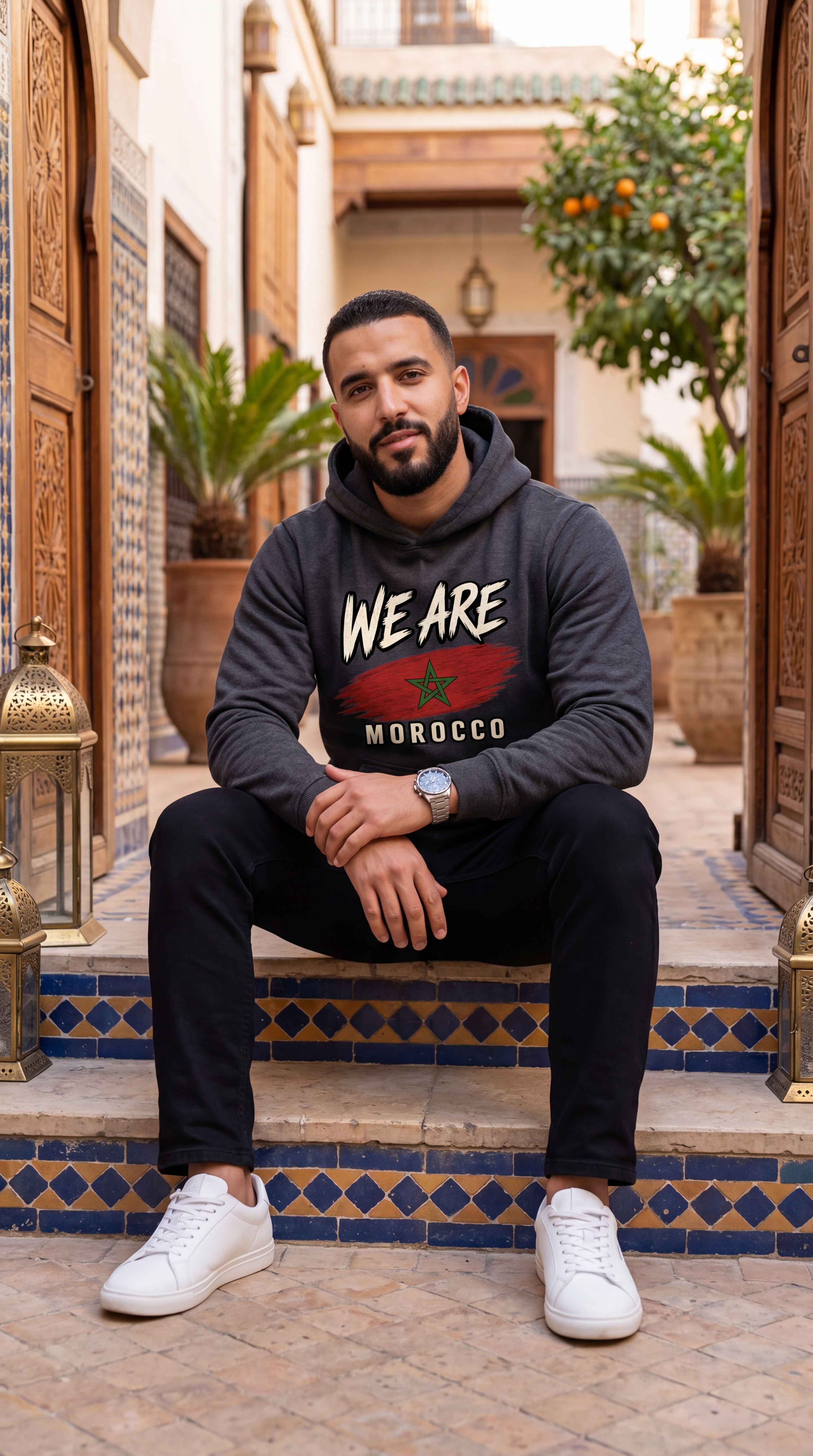 A man wearing a dark gray hoodie with 'WE ARE MOROCCO' and a red flag graphic, black pants, and white sneakers, sitting on blue-tiled steps in a Moroccan courtyard.