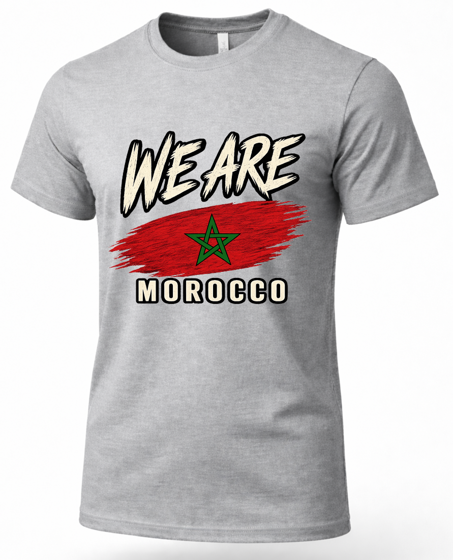 A heather gray short-sleeve crewneck t-shirt featuring a graphic print of the Moroccan flag with the text 'WE ARE MOROCCO' in white with black outlines.
