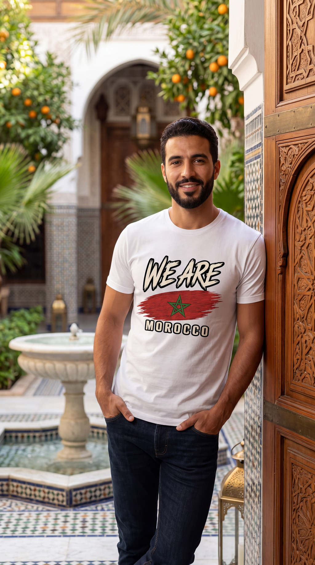A man wearing a white graphic t-shirt with 'WE ARE MOROCCO' and the Moroccan flag design, standing in a traditional Moroccan courtyard.