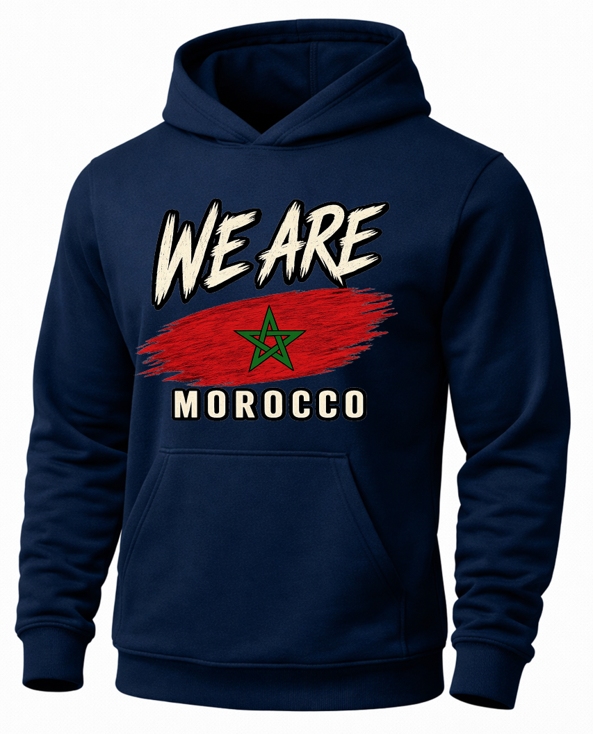 A navy blue pullover hoodie featuring a distressed graphic print of the Moroccan flag with the text 'WE ARE MOROCCO' in white, on a plain white background.