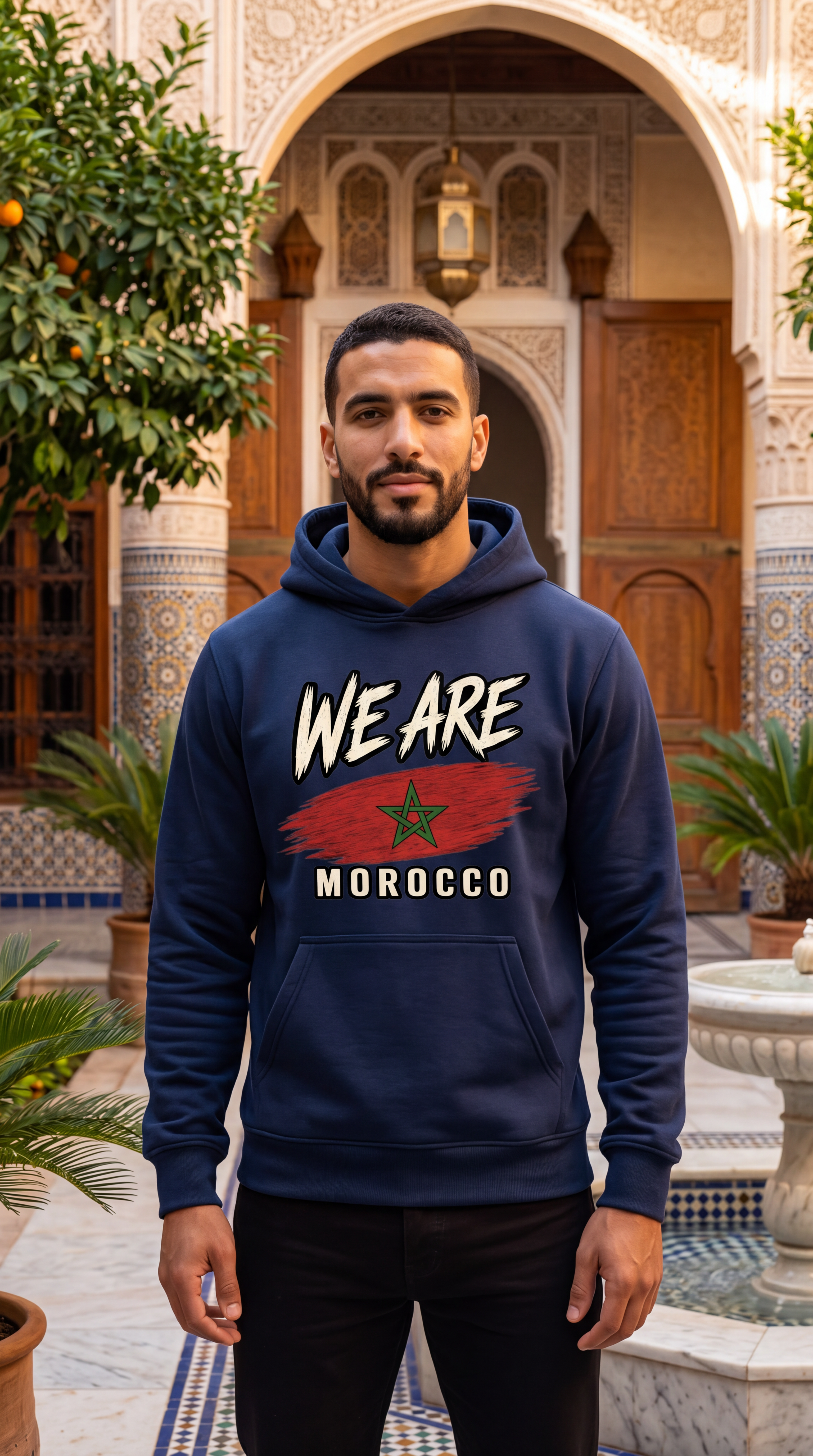 A man wearing a navy blue hoodie with a graphic print that reads 'WE ARE MOROCCO' and features the Moroccan flag emblem, standing in a courtyard with Moroccan architecture in the background.