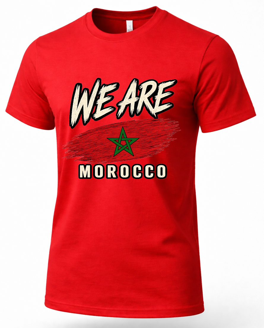 A red short-sleeve crewneck t-shirt featuring a graphic print of the Moroccan flag with the text 'WE ARE MOROCCO' in white with black outlines.