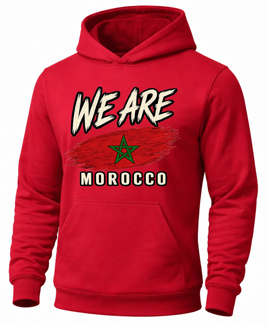 A red pullover hoodie featuring a graphic print on the front with the text 'WE ARE MOROCCO' and a green star over a textured red brushstroke design.