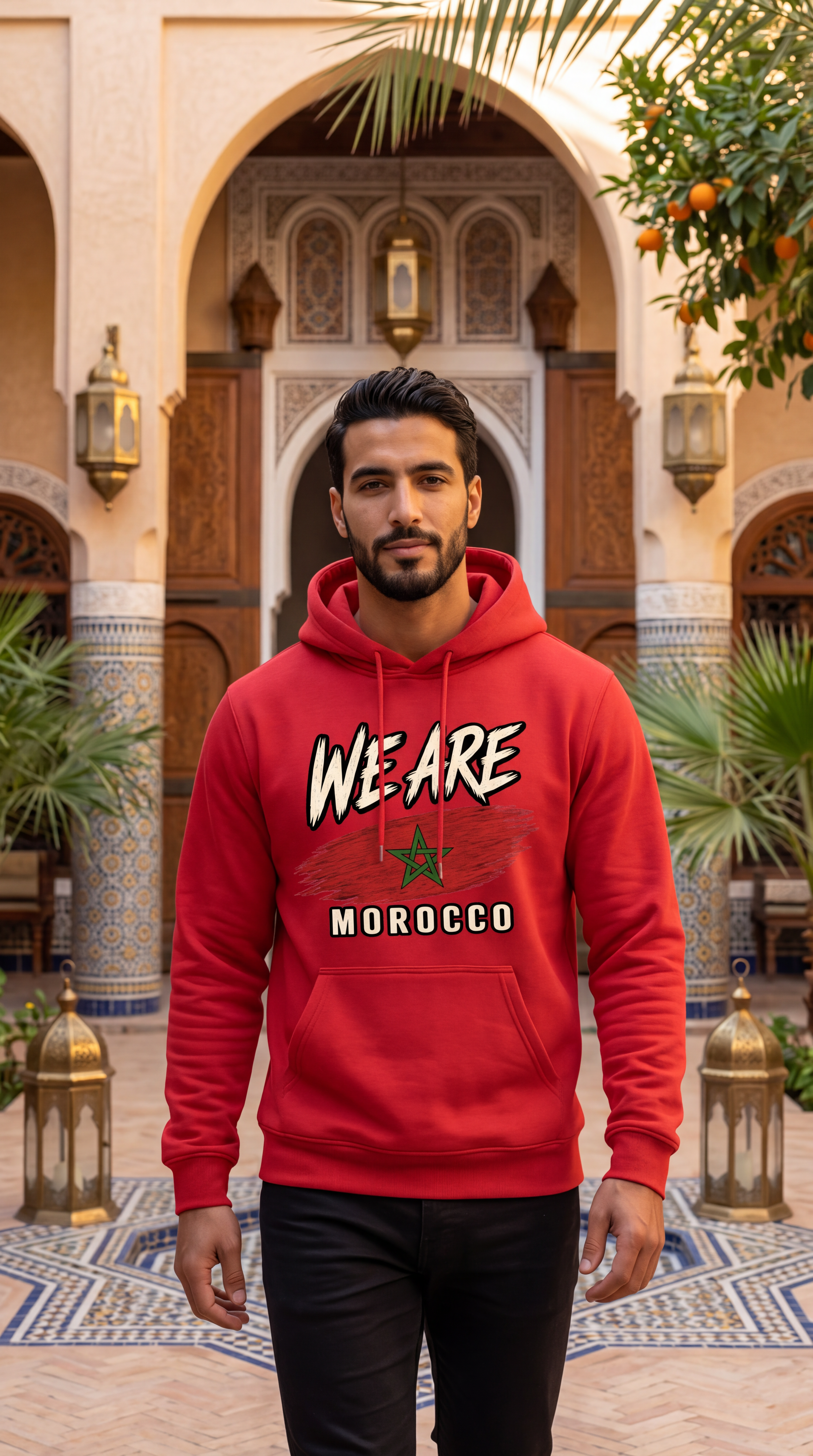 A man wearing a bright red hoodie with 'WE ARE MOROCCO' and a green star graphic, standing in front of a Moroccan courtyard with arches and lanterns.