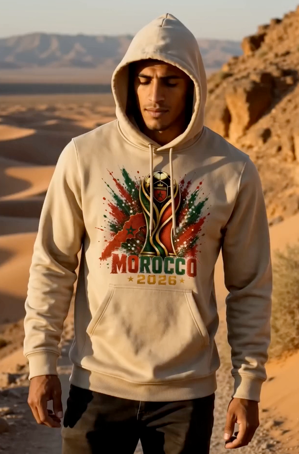 Morocco 2026 soccer hoodie worn by male model in Moroccan desert landscape