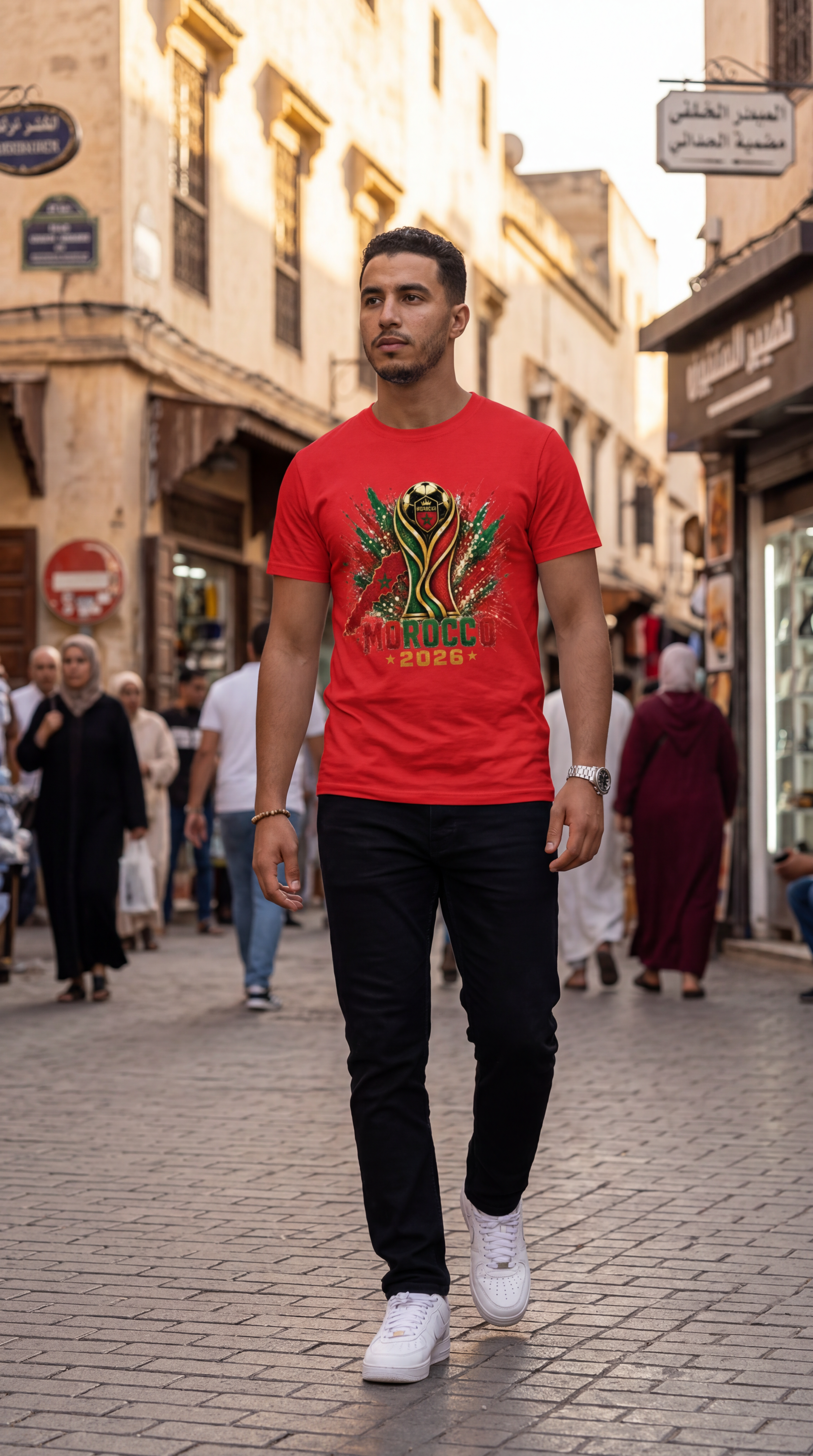 Morocco 2026 soccer shirt worn by male model walking through Moroccan marketplace