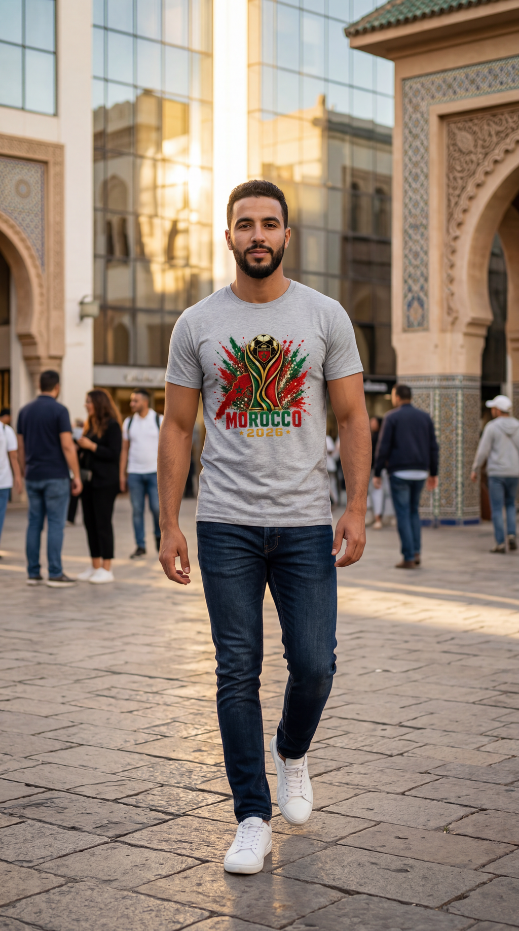 Morocco football fan t-shirt in athletic heather featuring Atlas Lions inspired 2026 design