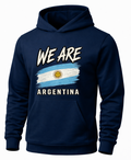 A navy blue pullover hoodie featuring a front graphic with the text 'WE ARE ARGENTINA' and a stylized Argentina flag, shown on a plain white background.