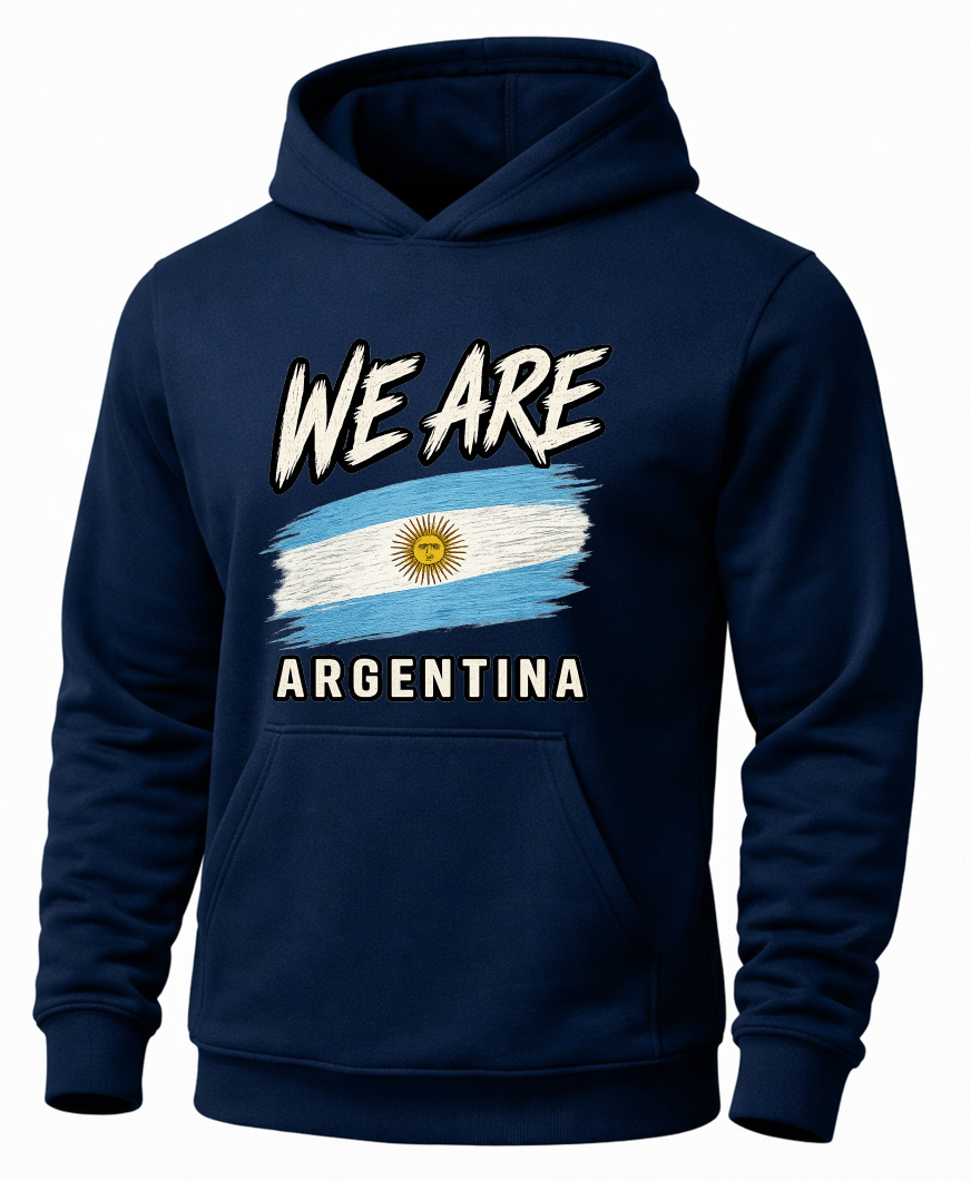 A navy blue pullover hoodie featuring a front graphic with the text 'WE ARE ARGENTINA' and a stylized Argentina flag, shown on a plain white background.