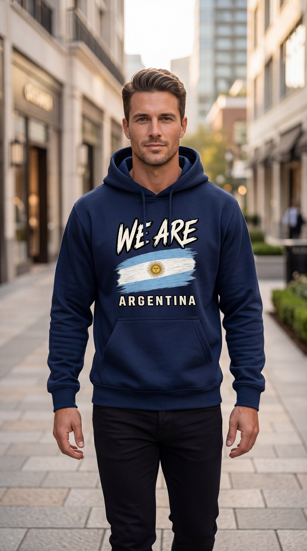 A man wearing a navy blue hoodie with a graphic print of the Argentina flag and the text 'WE ARE ARGENTINA' stands on a city street.