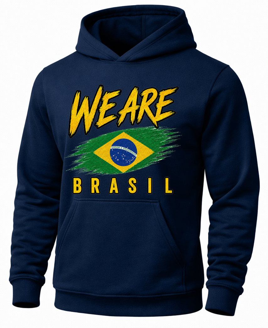 A navy blue pullover hoodie featuring a distressed yellow graphic that reads 'WE ARE BRASIL' with a Brazilian flag design in the center, shown on a plain white background.