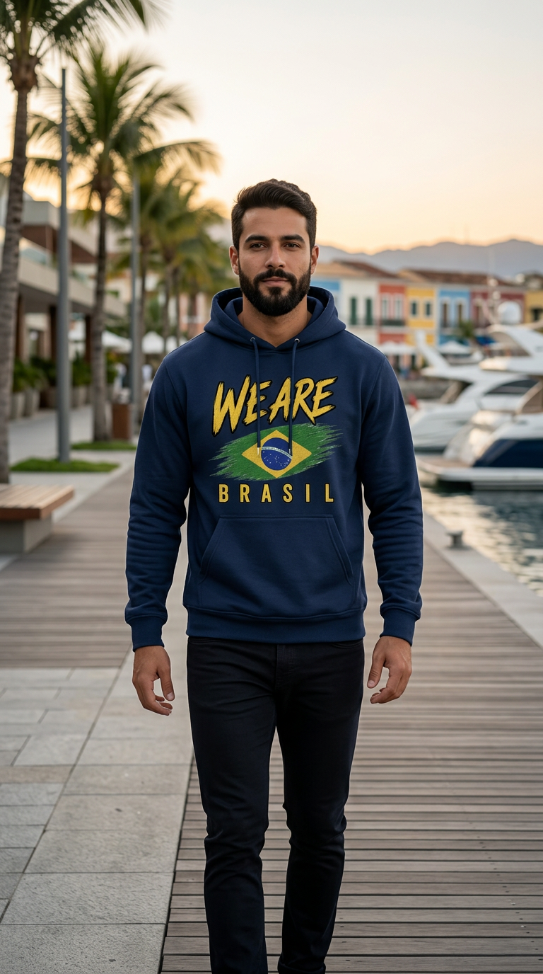 A man wearing a navy blue hoodie with a yellow and green 'WE ARE BRASIL' graphic stands on a wooden boardwalk by the water, with palm trees and boats in the background.