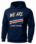 A navy blue pullover hoodie with a graphic print on the front. The design features the text 'WE ARE' in a white distressed font above a stylized flag of Cabo Verde (Congo) with red, white, and blue stripes and yellow stars, and 'Cabo Verde' printed below in white.