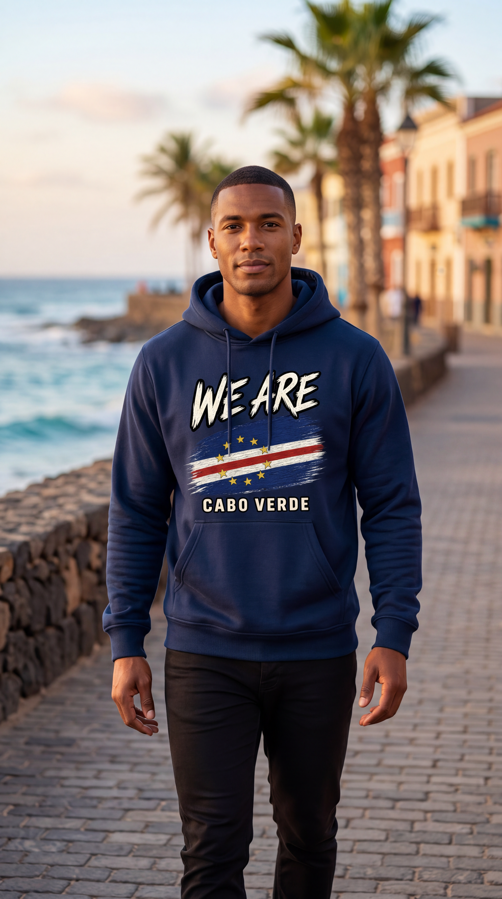 A man wearing a navy blue hoodie with 'WE ARE CABO VERDE' and a flag graphic printed on the front, standing on a cobblestone seaside walkway with palm trees and the ocean in the background.