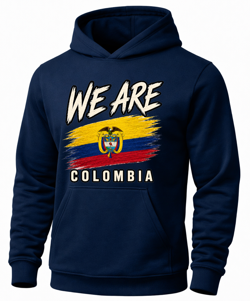 A navy blue pullover hoodie featuring a distressed graphic of the Colombian flag with the text 'WE ARE' above and 'COLOMBIA' below, shown on a plain white background.