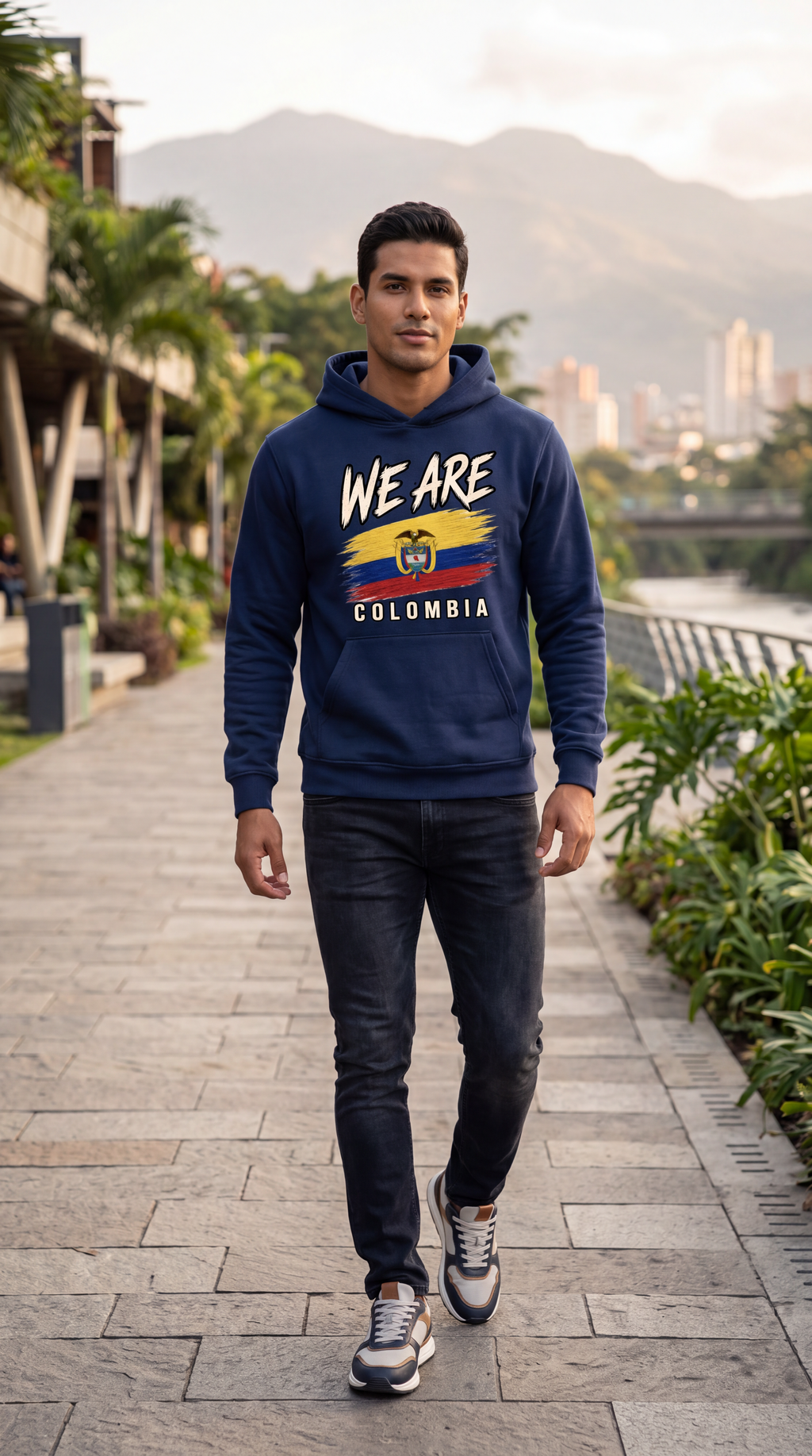 A man walking on a paved outdoor path wearing a navy blue hoodie with a graphic that reads 'WE ARE COLOMBIA' and the Colombian flag colors, paired with dark jeans and sneakers.