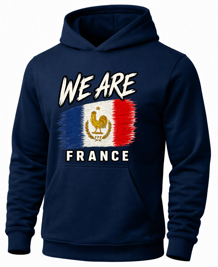A navy blue pullover hoodie featuring a distressed graphic of the French flag with the text 'WE ARE' above and 'FRANCE' below, displayed on a clean white background.