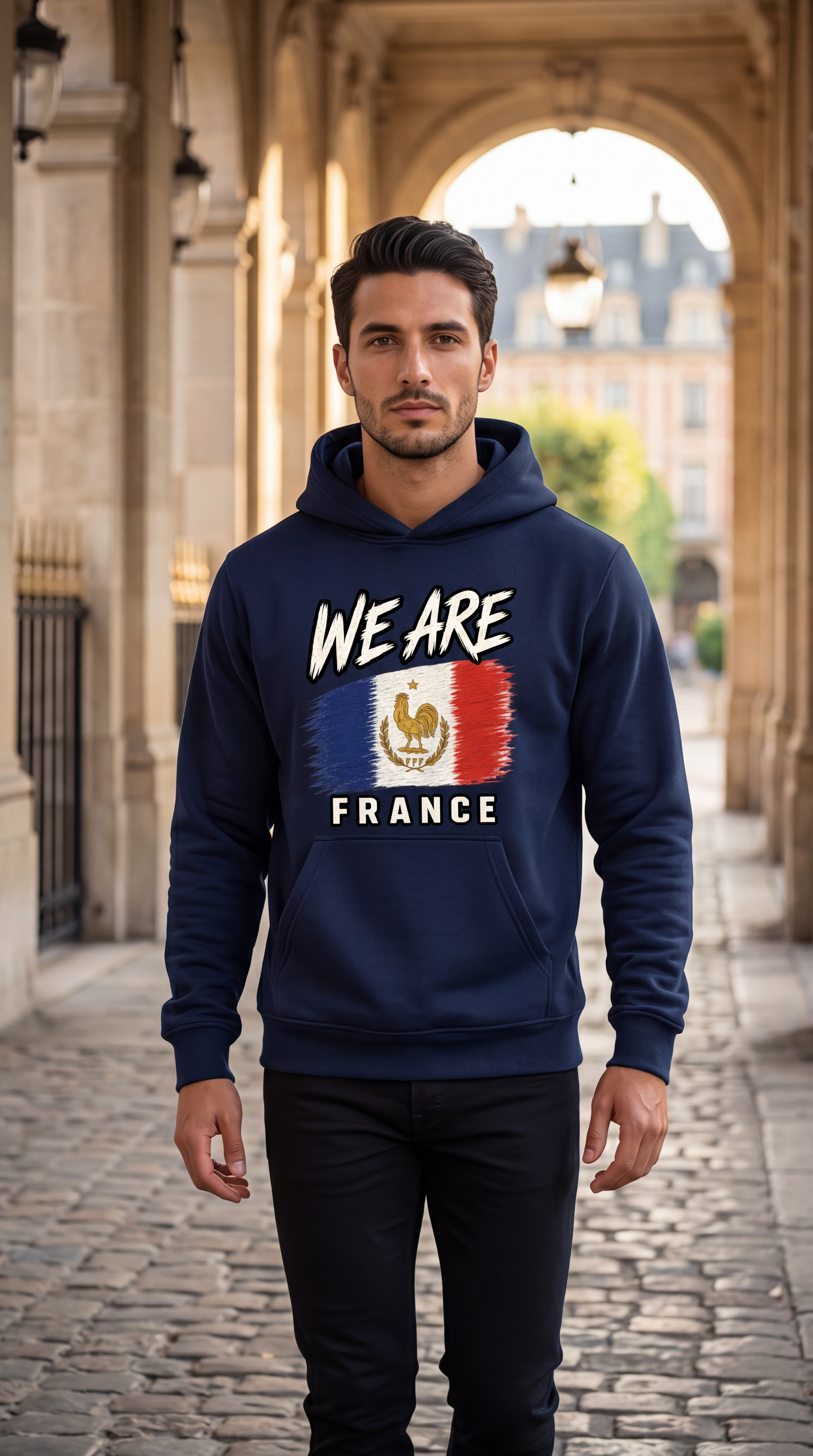 A man wearing a navy blue hoodie with a French flag graphic and the words 'WE ARE FRANCE' stands in a stone archway street.