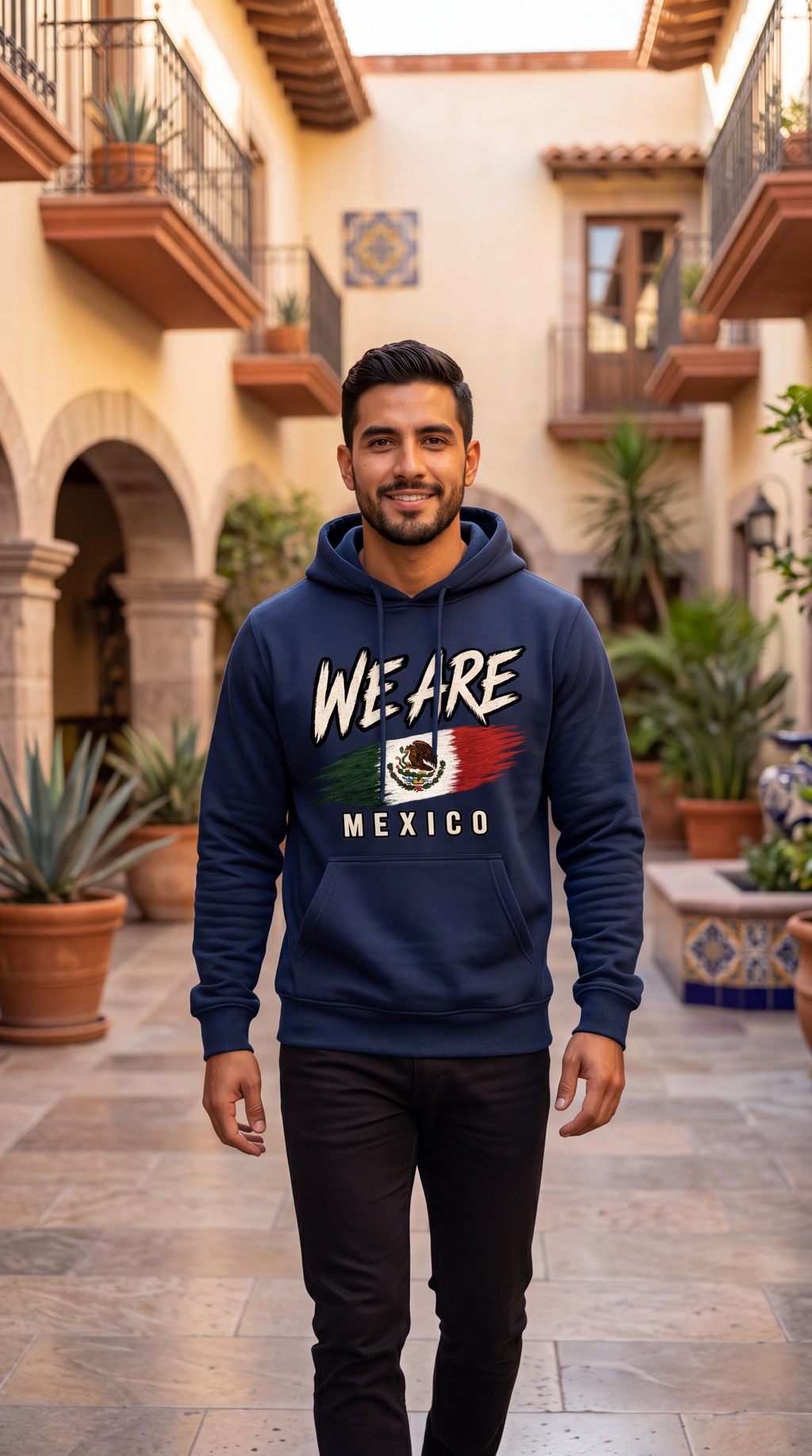 A man wearing a navy blue hoodie with a 'WE ARE MEXICO' graphic featuring the Mexican flag and eagle emblem, walking in a sunny courtyard with beige stucco buildings and potted plants.