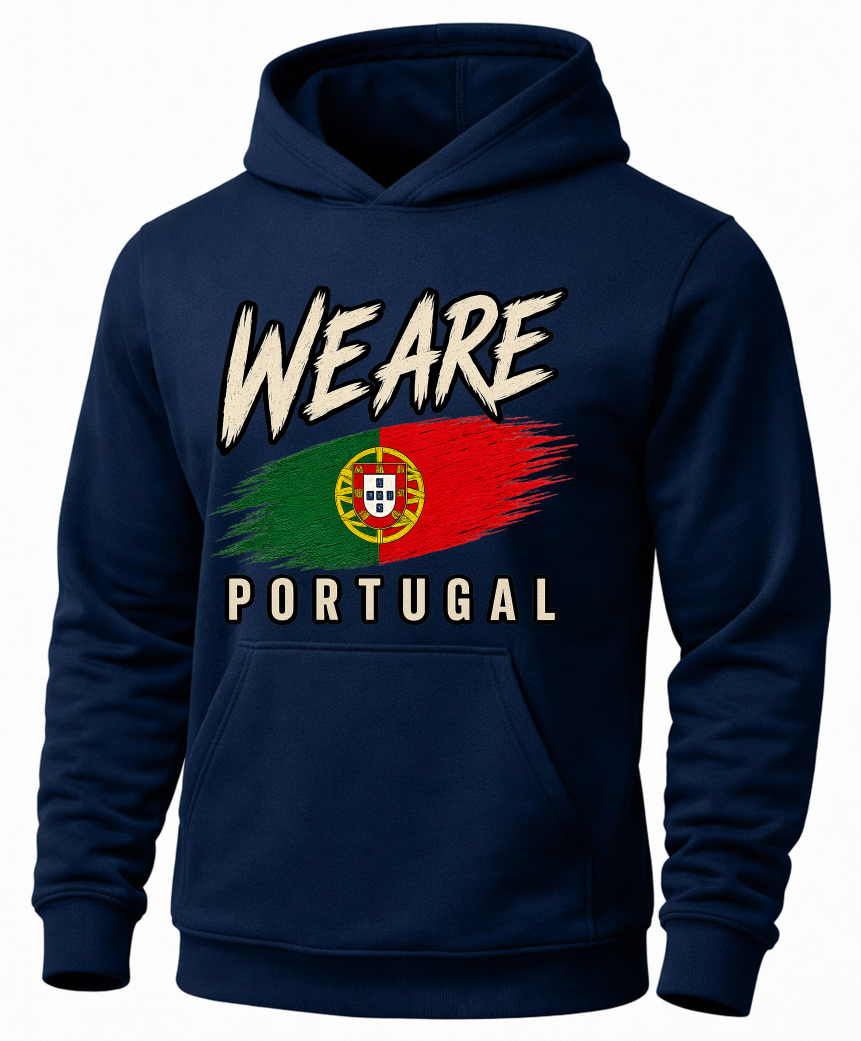 A navy blue pullover hoodie with a graphic on the chest featuring the text 'WE ARE PORTUGAL' and a stylized Portuguese flag in green, red, and yellow.