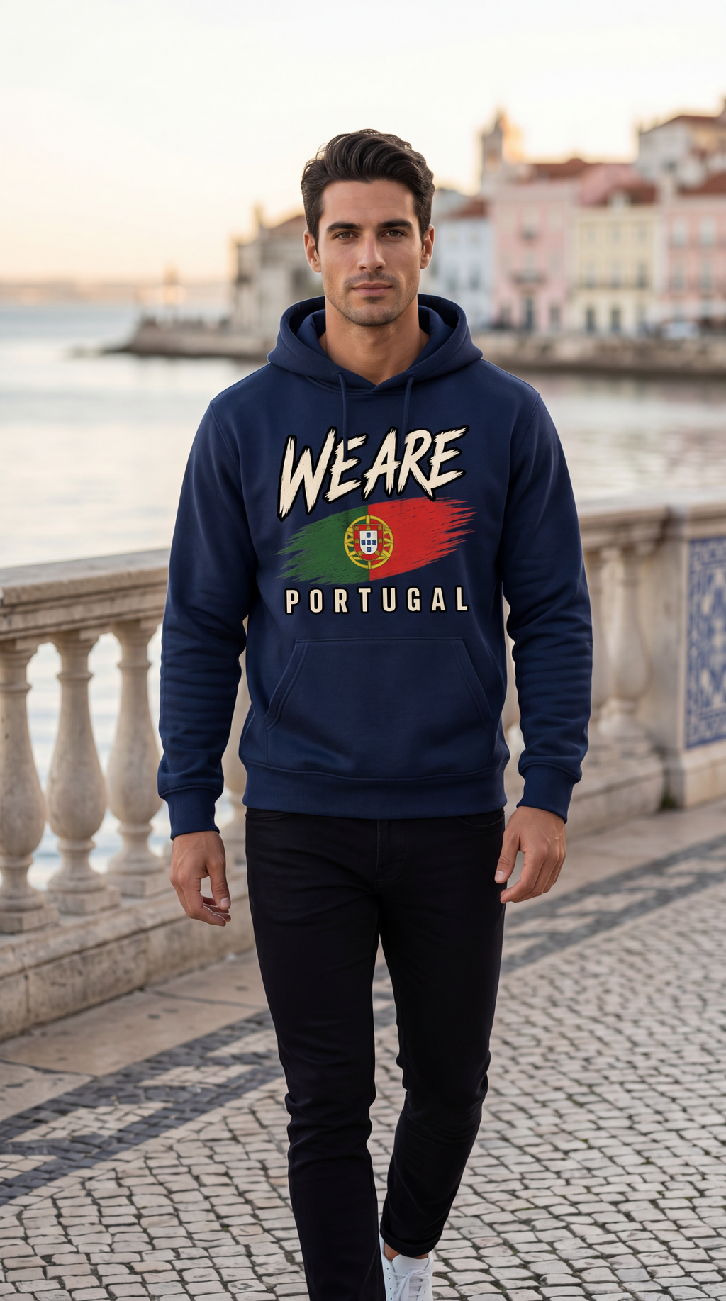 A man wearing a navy blue hoodie with a 'WE ARE PORTUGAL' graphic featuring the Portuguese flag, standing on a cobblestone waterfront path with a blurred city and sea background.