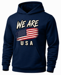 A navy blue pullover hoodie featuring a distressed graphic on the chest with the text 'WE ARE' above an American flag and 'USA' below, shown on a plain white background.