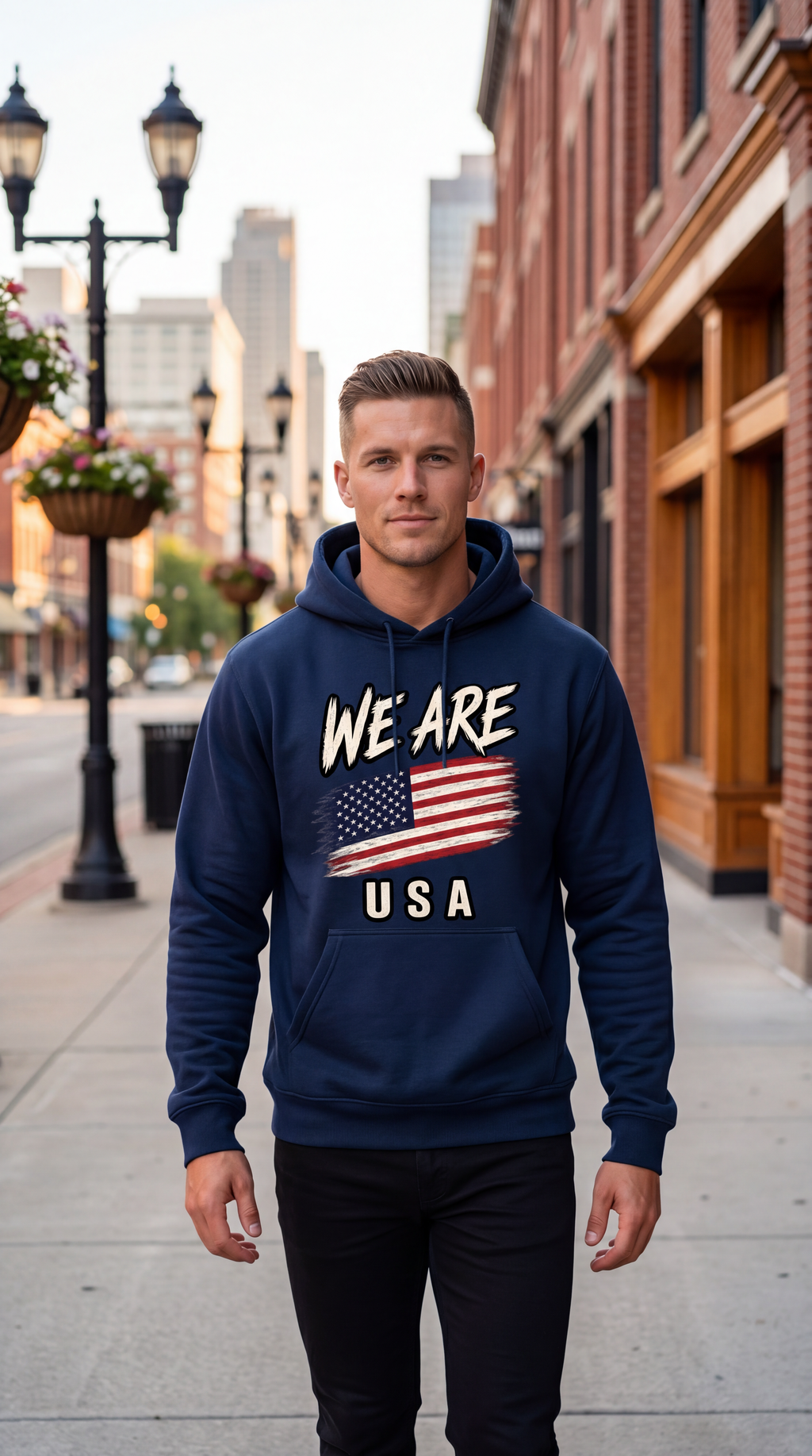 A man standing on a city sidewalk wearing a navy blue hoodie with a graphic that reads 'WE ARE USA' and an American flag design, paired with black pants.