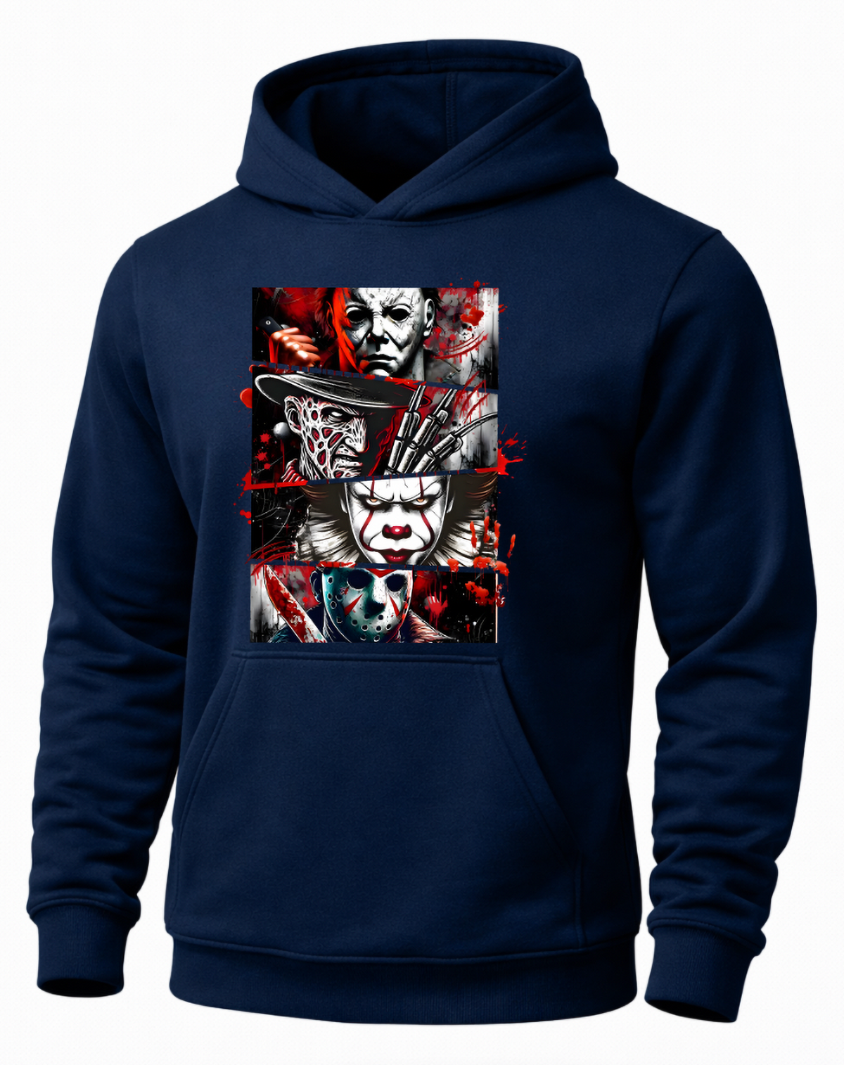 Navy horror movie icons hoodie featuring Michael Myers Freddy Pennywise and Jason